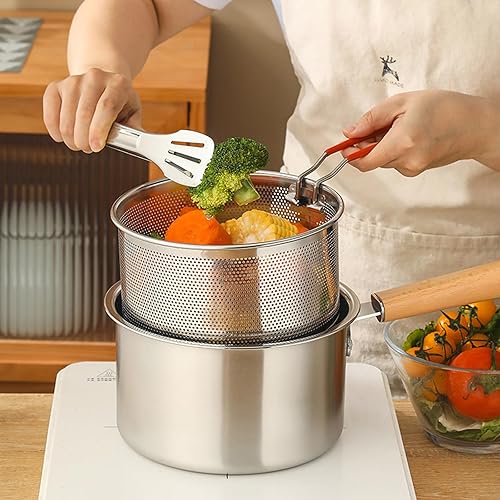 Miniatura 8 de Juego de 2 coladores para pasta, colador de fideos de acero inoxidable, 7.1 in con mango extraíble, cesta de colador de pasta de metal, cesta para