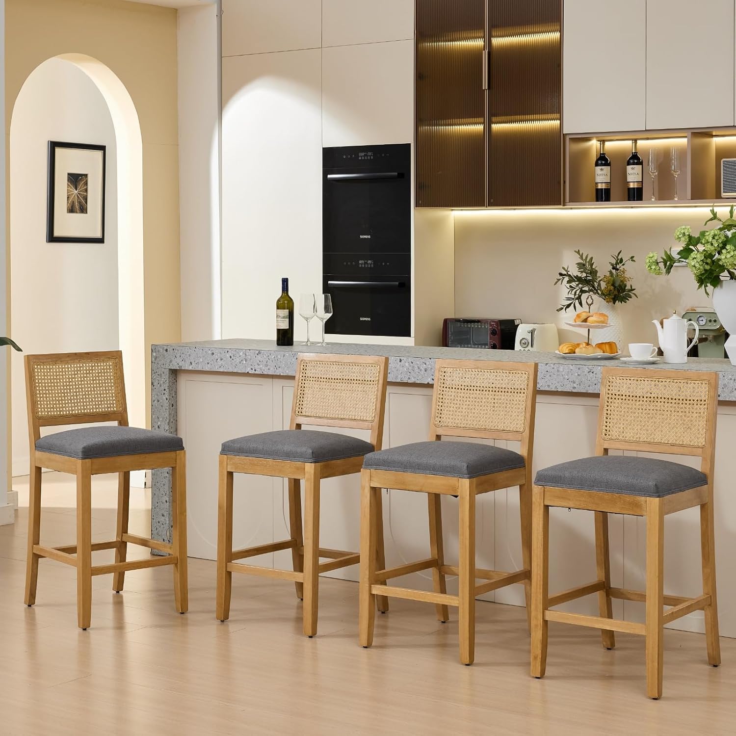 French Country Bar Stools Set of 4, Grey Rattan Counter Height Stools, Linen Upholstered, Farmhouse Wooden Barstools with Cane Back, Kitchen Island Chairs, Sillas para Barra de Cocina (Gray, 4 Pcs)