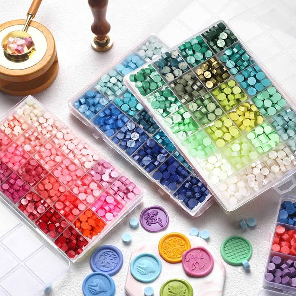 YOLAKIS 1800pcs Green&Blue&Red Wax Seal Beads,72 Color Premium Octagon Assorted Sealing Beads for Wax Seal Stamp Wedding Invitations Letter Envelope Seals & DIY Craft Projects