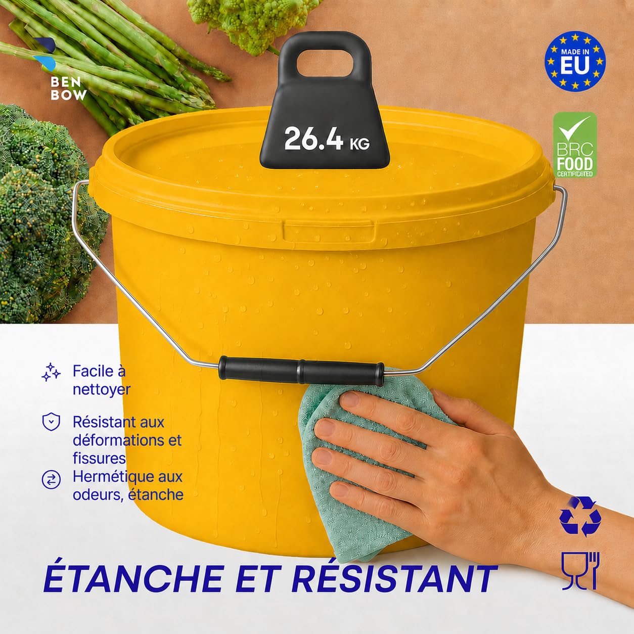 BenBow Seau avec Couvercle 10L Jaune 100x 10 Litre - apte au Contact Alimentaire, Stable, hermétique, étanche, sans Odeur - récipient de Stockage en Plastique, avec poignée - Vide
