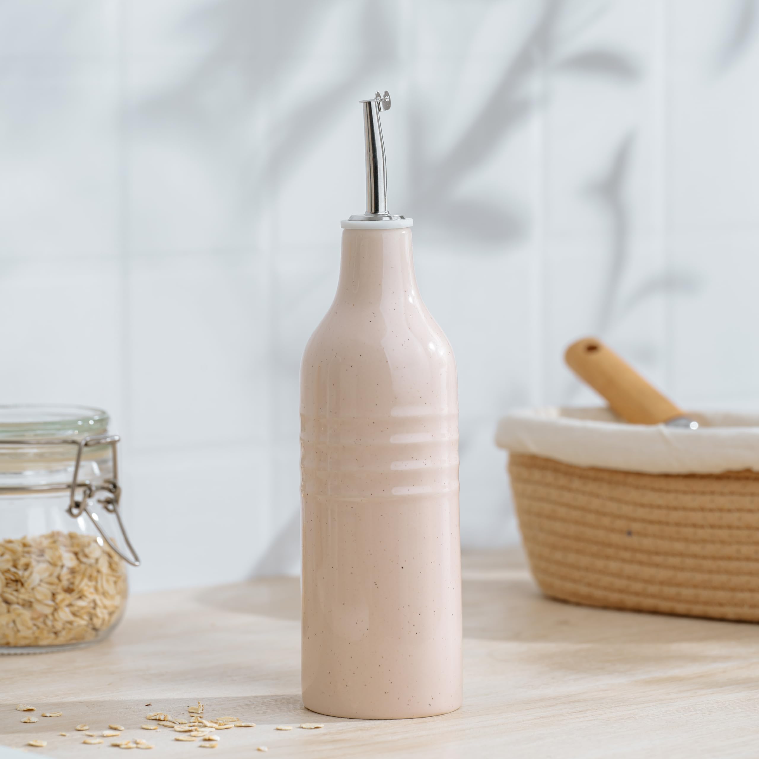 famiware Jupiter 16oz Ceramic Olive Oil Dispenser Bottle, 1 Piece Oil Dispenser for Kitchen with Stainless Steel Pourers, Suitable for Storage Vinegar