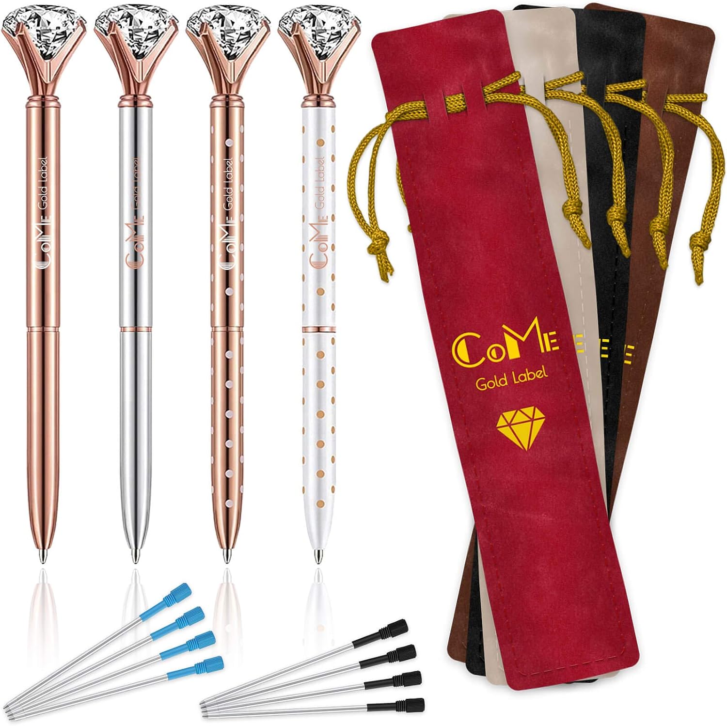 4 Pcs Pack Diamond Pens Rose Gold - 4 Velvet Bags, 8 Ink Refills Black & Blue, Gift Pen Set for Writing - Fancy Pens for Girls, Bling Crystal Cute Pens for Women, Metal Ballpoint Pen with Diamond Top