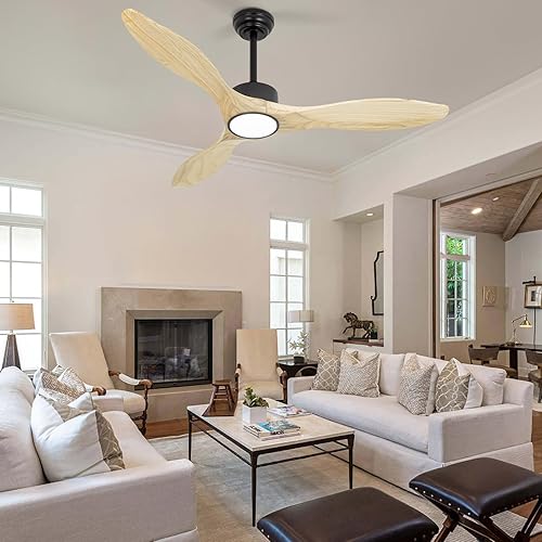 Miniatura 9 de Ventiladores de techo de 52 pulgadas con luces y control remoto, 3 aspas de madera natural, moderno ventilador de techo para interiores y