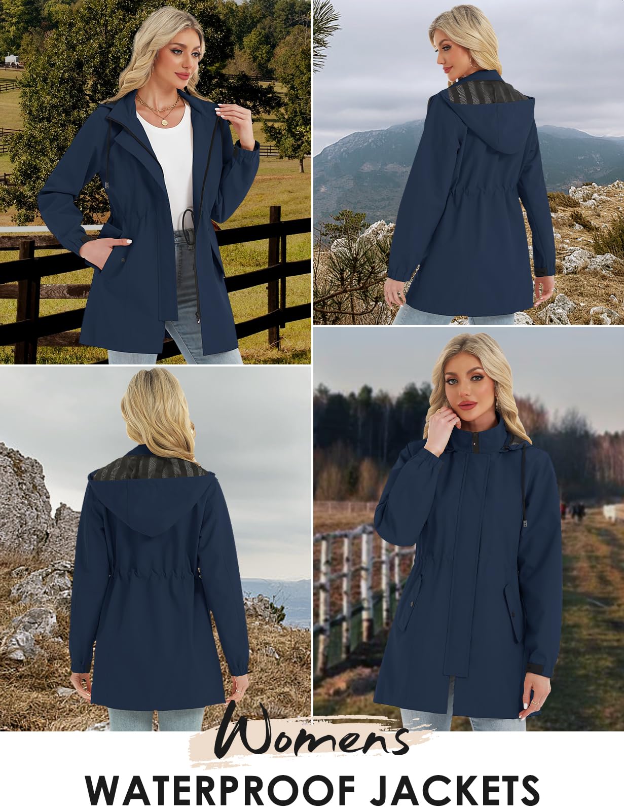 Tuopuda Imperméables Vestes pour Femme Longue Veste de Pluie Manteau à Capuche Coupe-Vent Imperméable Zip Poncho d'Extérieur Vêtement de Pluie à Capuche