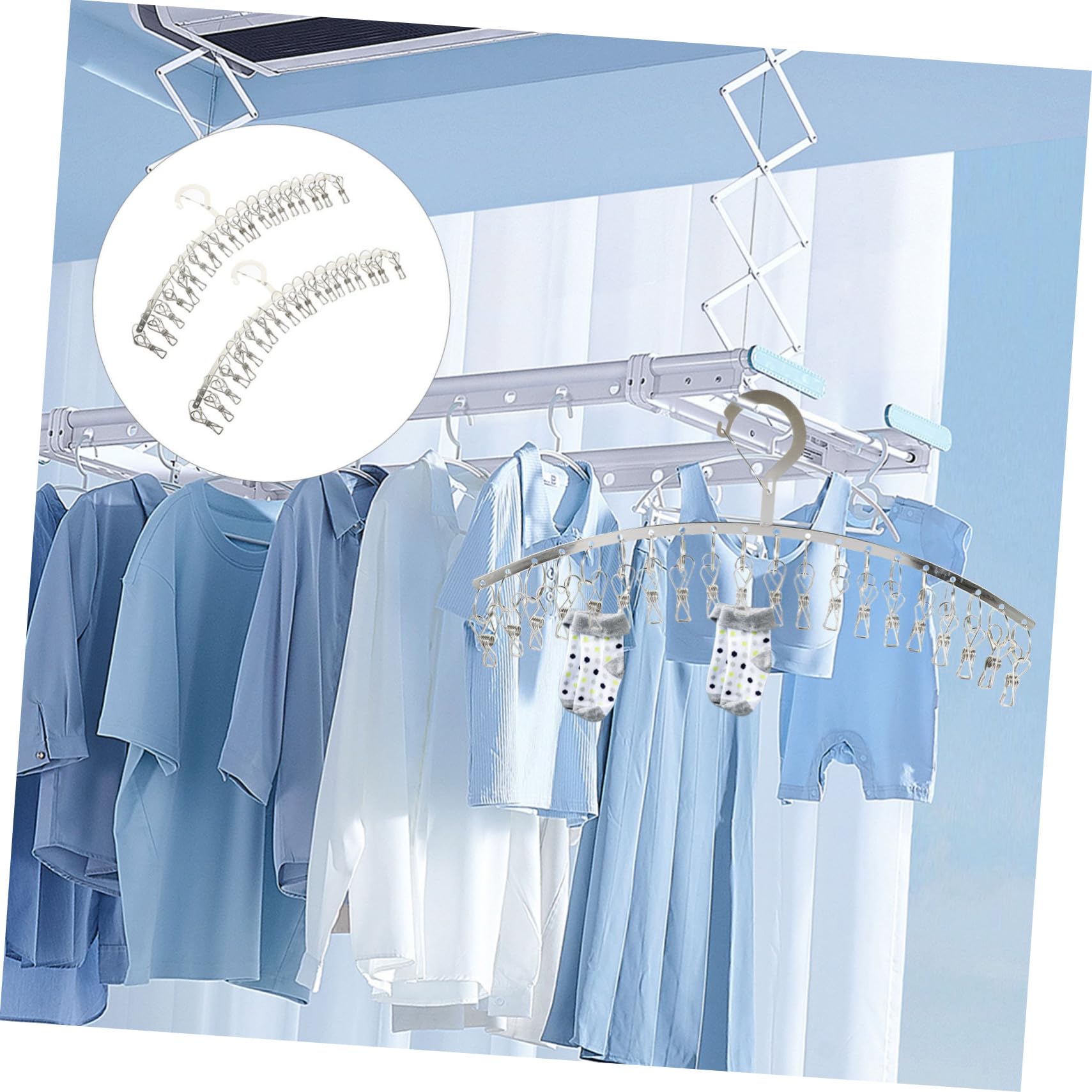 Stendibiancheria 2 Pezzi Argento in Acciaio Inossidabile 20 Clip Resistenti, Multiuso per Reggiseni e Asciugamani per Uso Domestico Esterno