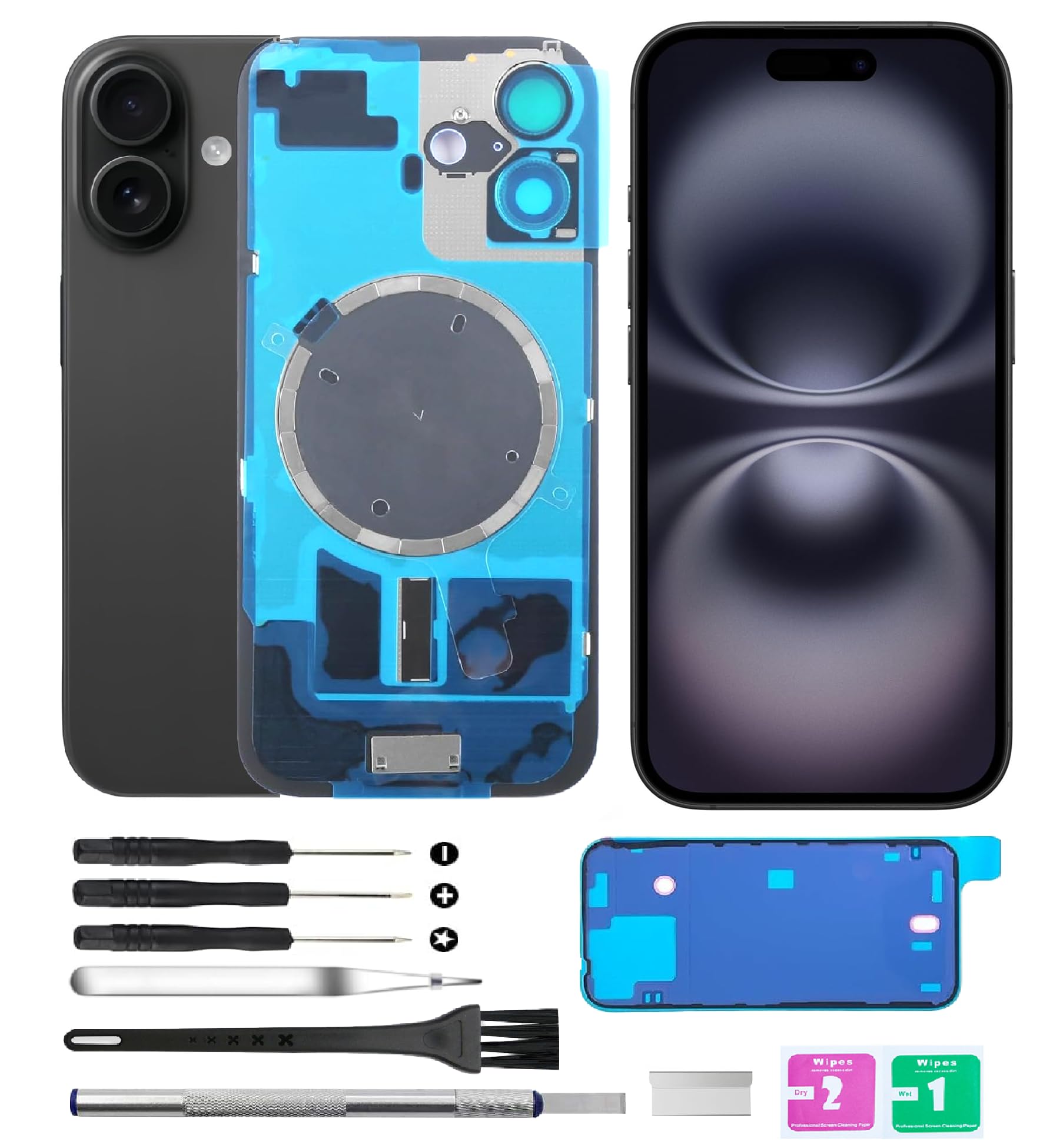 Vitre arrière iPhone 16 Plus noir face arrière de rechange objectif aimant