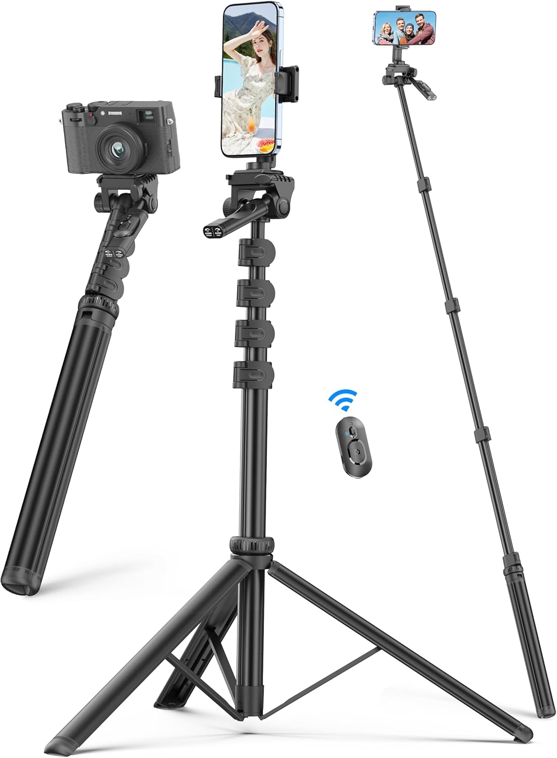 72" Phone Tripod & Selfie Stick, Extendable Cell Phone Tripod Stand with Detachable Remote&Phone Holder, Aluminum Tripods Compatible with iPhone/Android/Camera