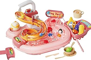 Multi-function Toddler Toy Sink 2-in-1 Kitchen Toys Electric Dishwasher with Running Water Pretend Role Play Toys for Kids with A Water Slide 22pcs Kitchen Accessories 180°Rotatable Water Faucet