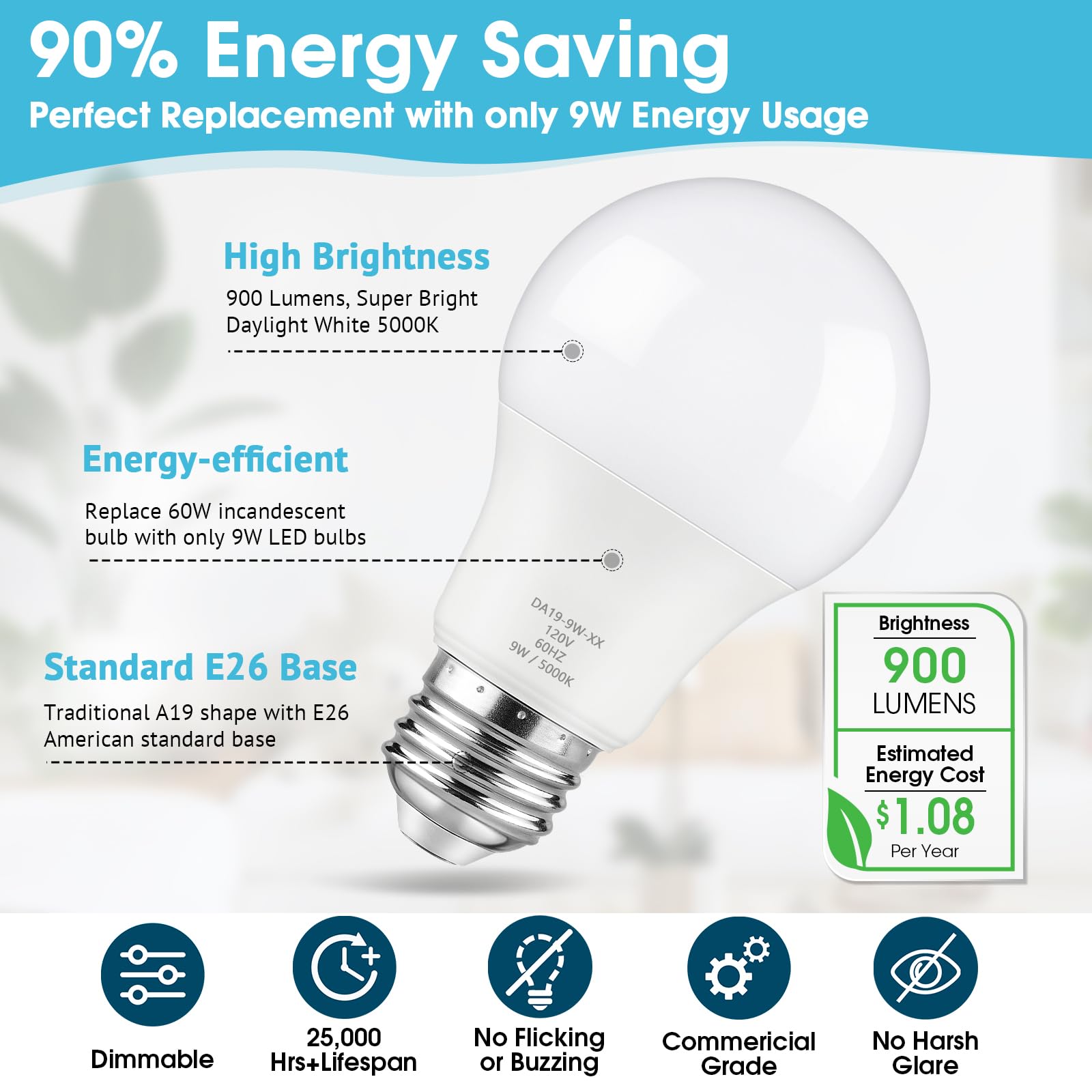 A19 LED Light Bulb Dimmable 60 Watt Equivalent LED Bulbs Daylight White 5000K 900 Lumen E26 Base 9W — view 2