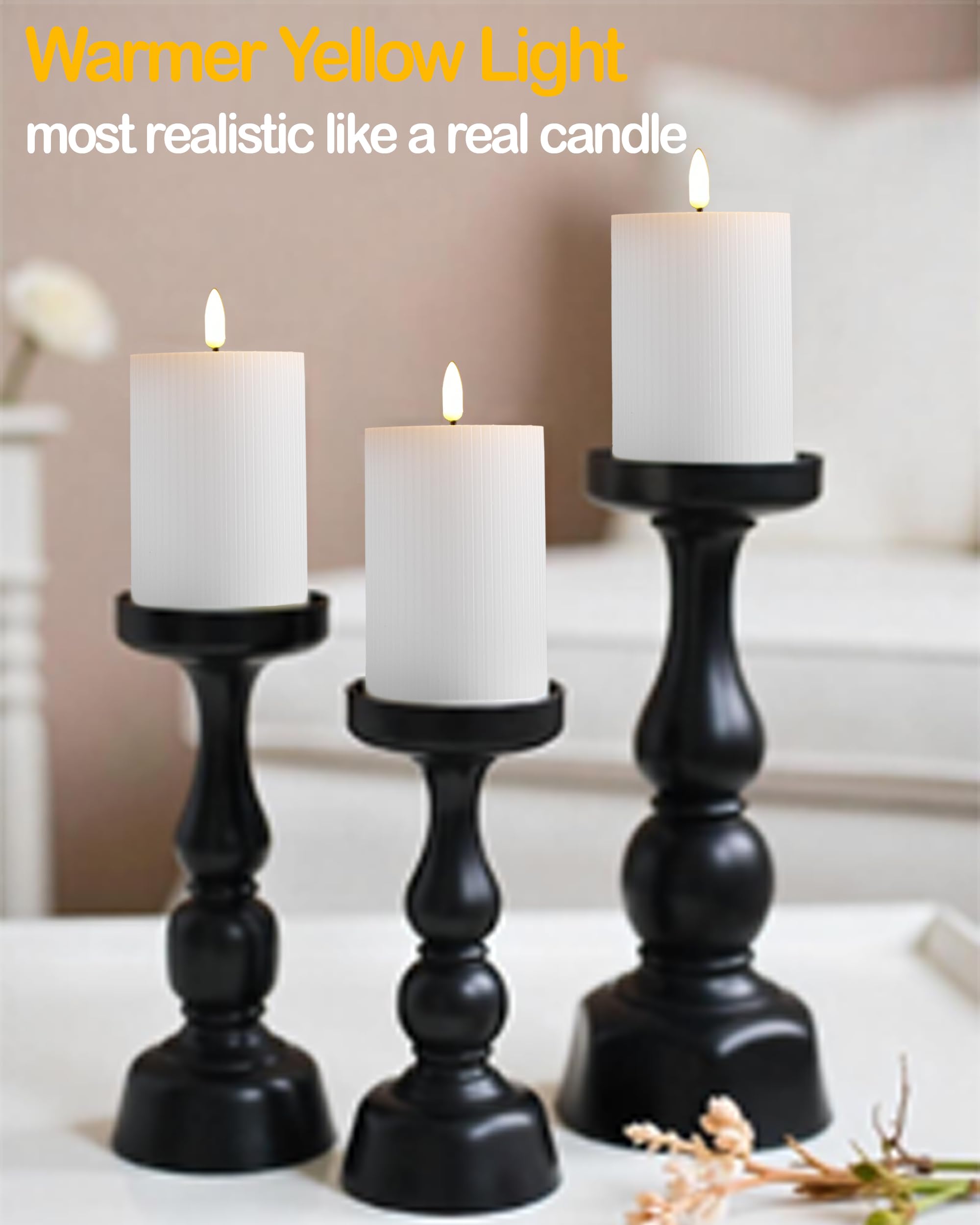 Gmnee Velas de pilar sin llama, paquete de 3 velas de más de 350 horas que funcionan con pilas con control remoto, temporizador, parpadeante, sin perfume, acanaladas, cera real, perfectas como velas