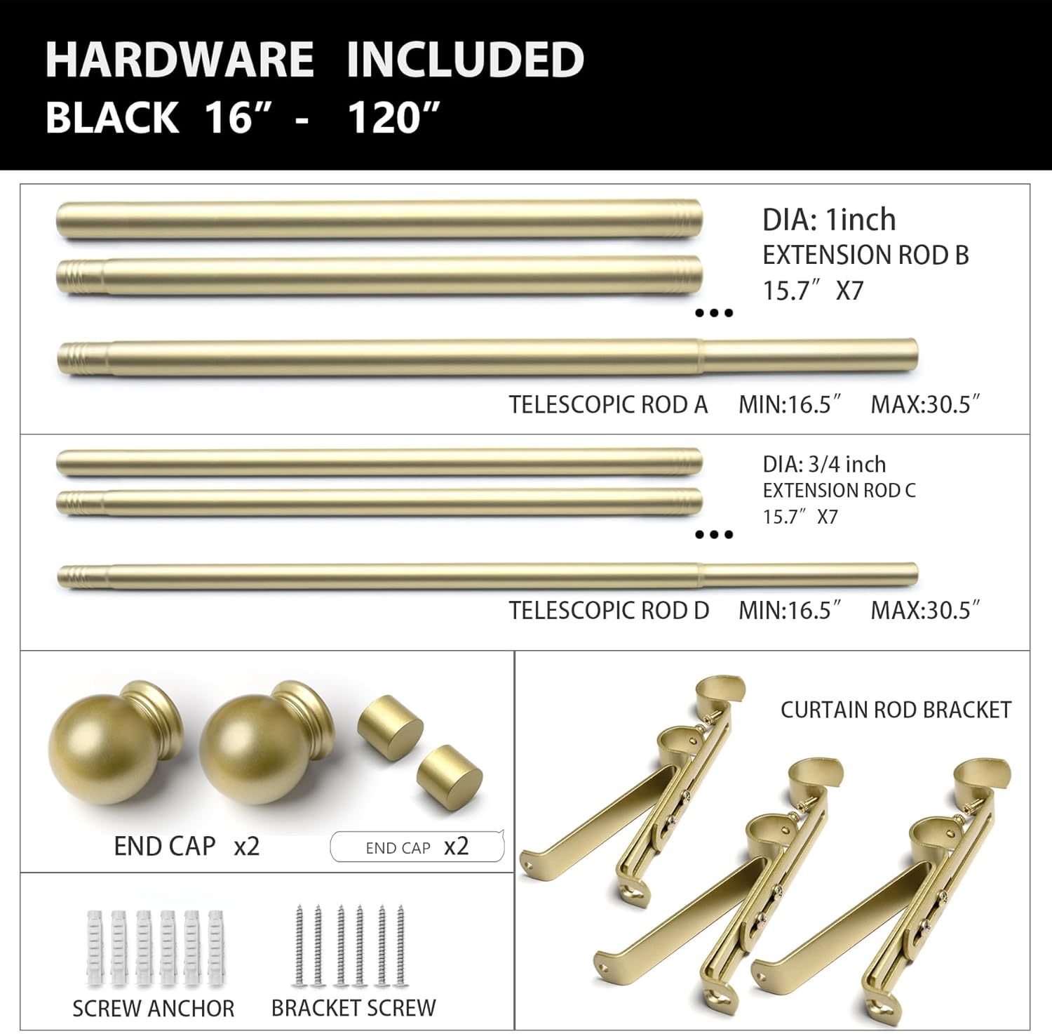 Gold Double Curtain Rods for Windows 16-120 inch, Decorative Curtain Rod Set, Adjustable Heavy Duty Drapery Rod for Bedroom, Livingroom