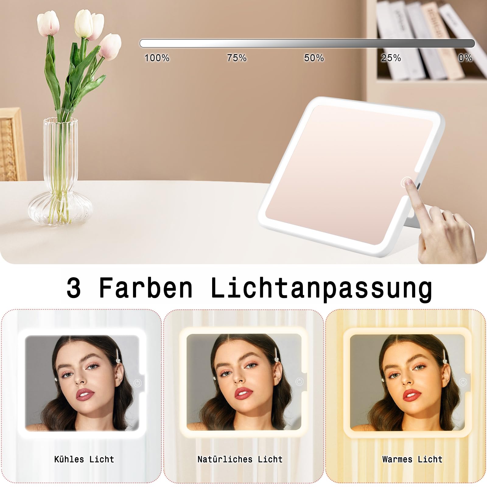 Make up Tasche mit Spiegel，Travel Makeup Bag mit 1/10x Spiegel und 3 Farbe Licht，Make up Organizer Tasche mit Aufbewahrung von Make-up-Pinseln, Makeup Organizers für Frauen(Rosa Leder)