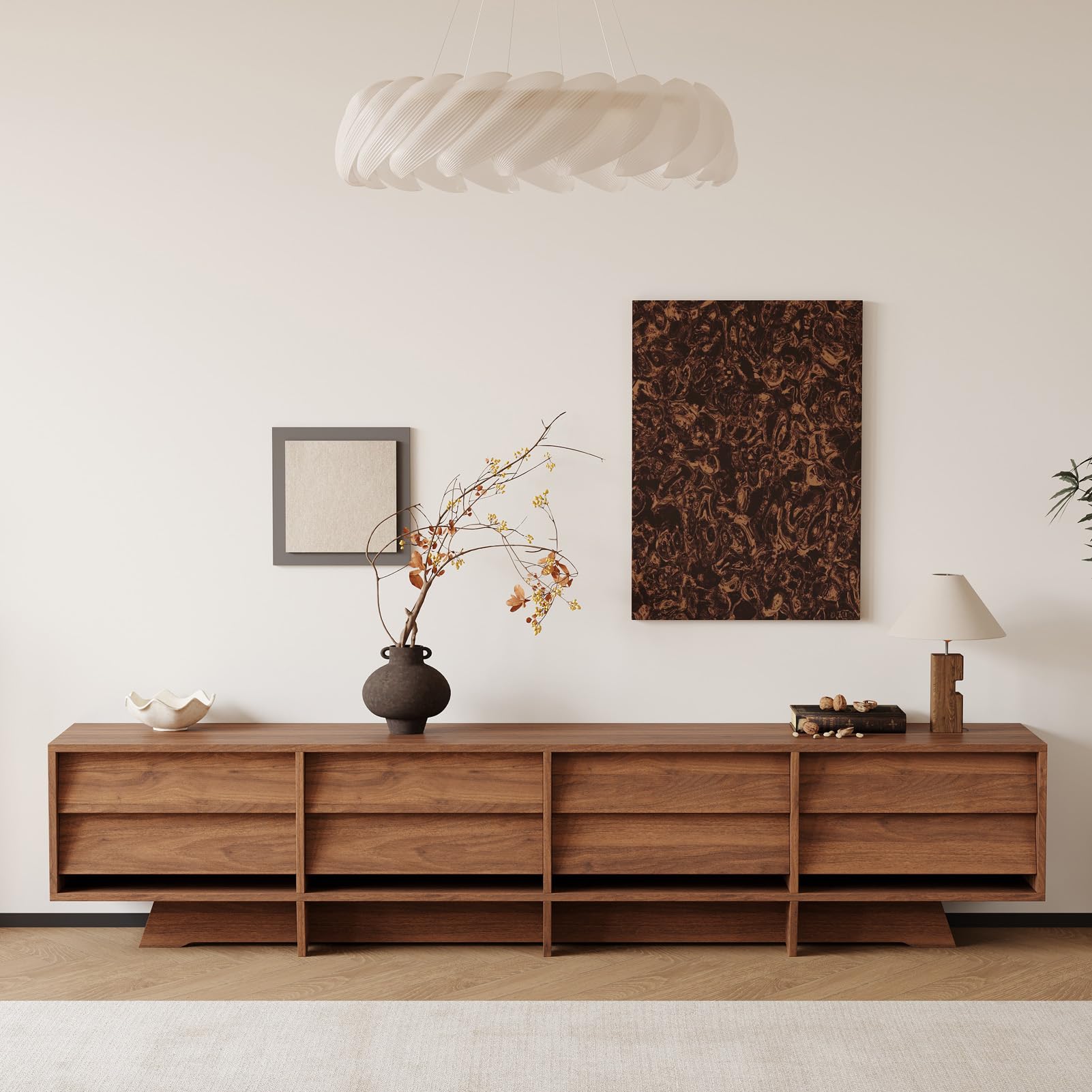 79" Mid Century Modern TV Stand for 75+TVs, Trapezoid Base&Cable Management