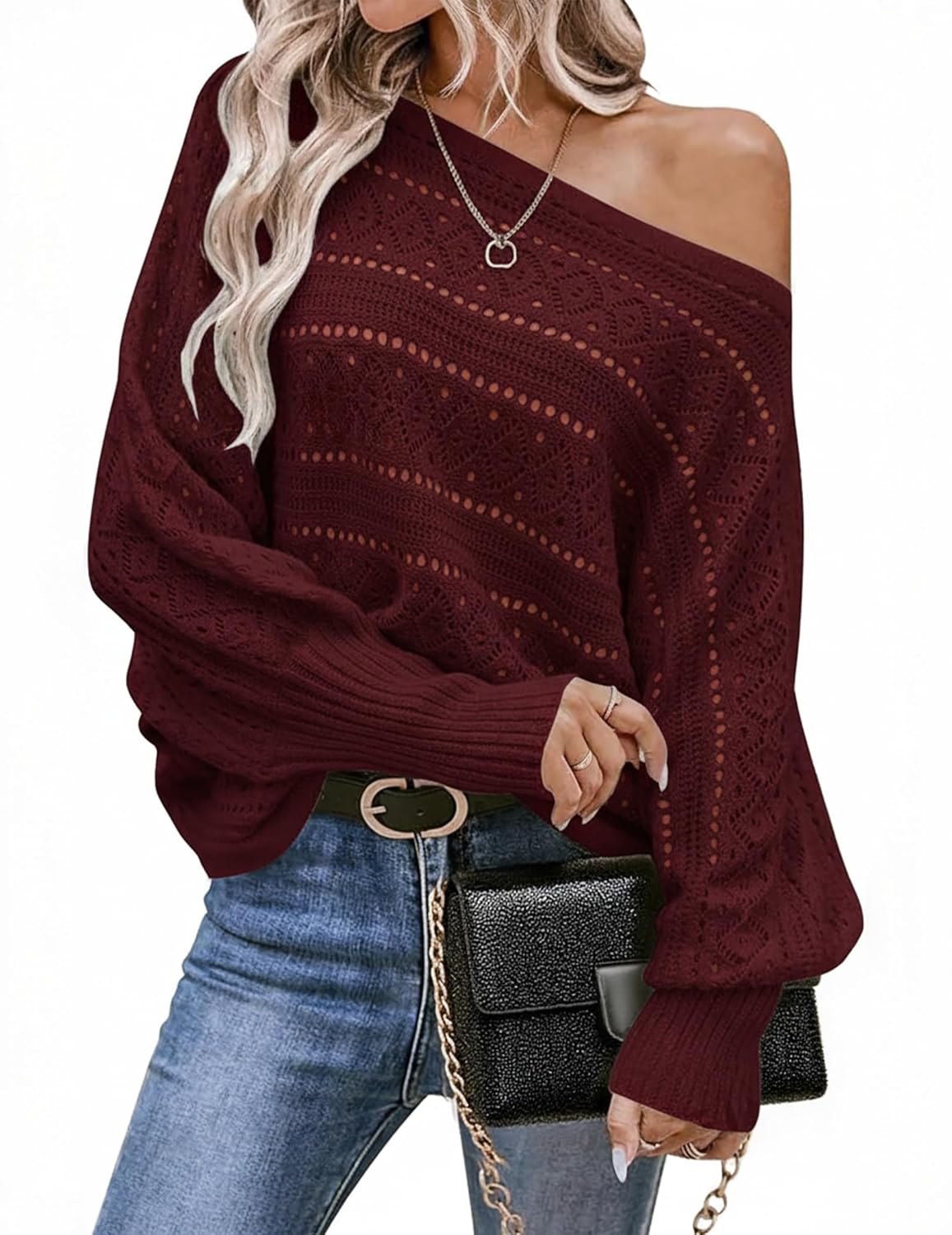 Womens Off Shoulder Sweaters Cute Batwing Crochet Sexy Slouchy Sweater Tops Fall Fashion 2025 Trendy Clothes