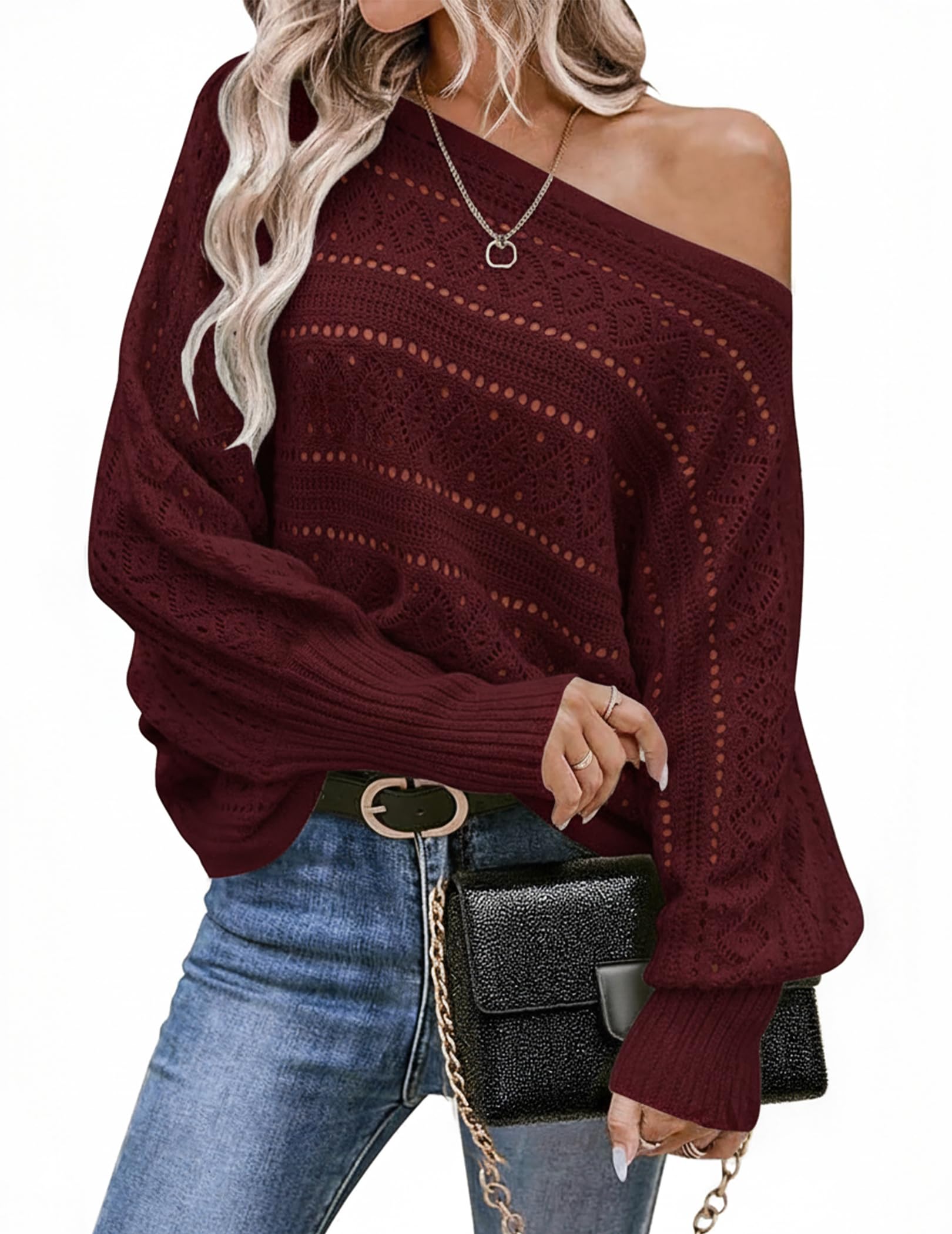 Womens Off Shoulder Sweaters Cute Batwing Crochet Sexy Slouchy Sweater Tops Fall Fashion 2025 Trendy Clothes