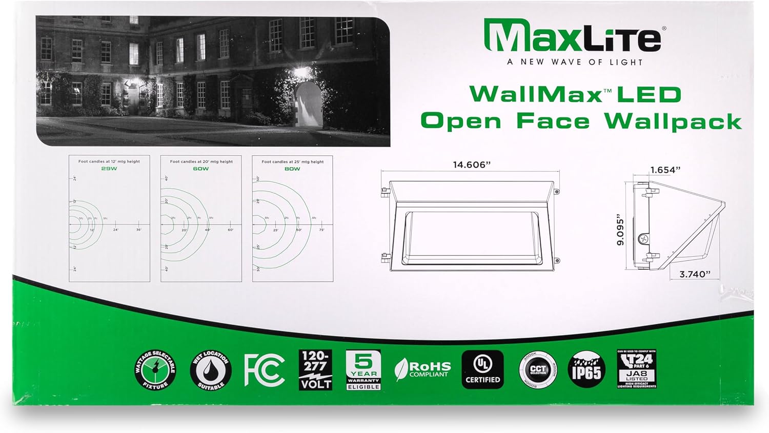 Maxlite WCF60U-WCSBPC Wallpack Open Face LED Light Bronze Finish - 40W, 50W, 60W, 200W Replacement, 120-277V, Color Selectable, 3000K, 4000K, 5000K, Photocell Dusk to Dawn Sensor