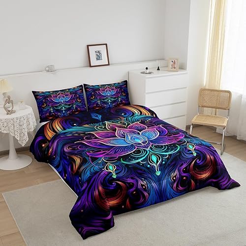 Miniatura 3 de Erosebridal Juego de ropa de cama de loto bohemio tamaño Queen para adultos, juego de edredón de cachemira hippie con estampado floral tribal y