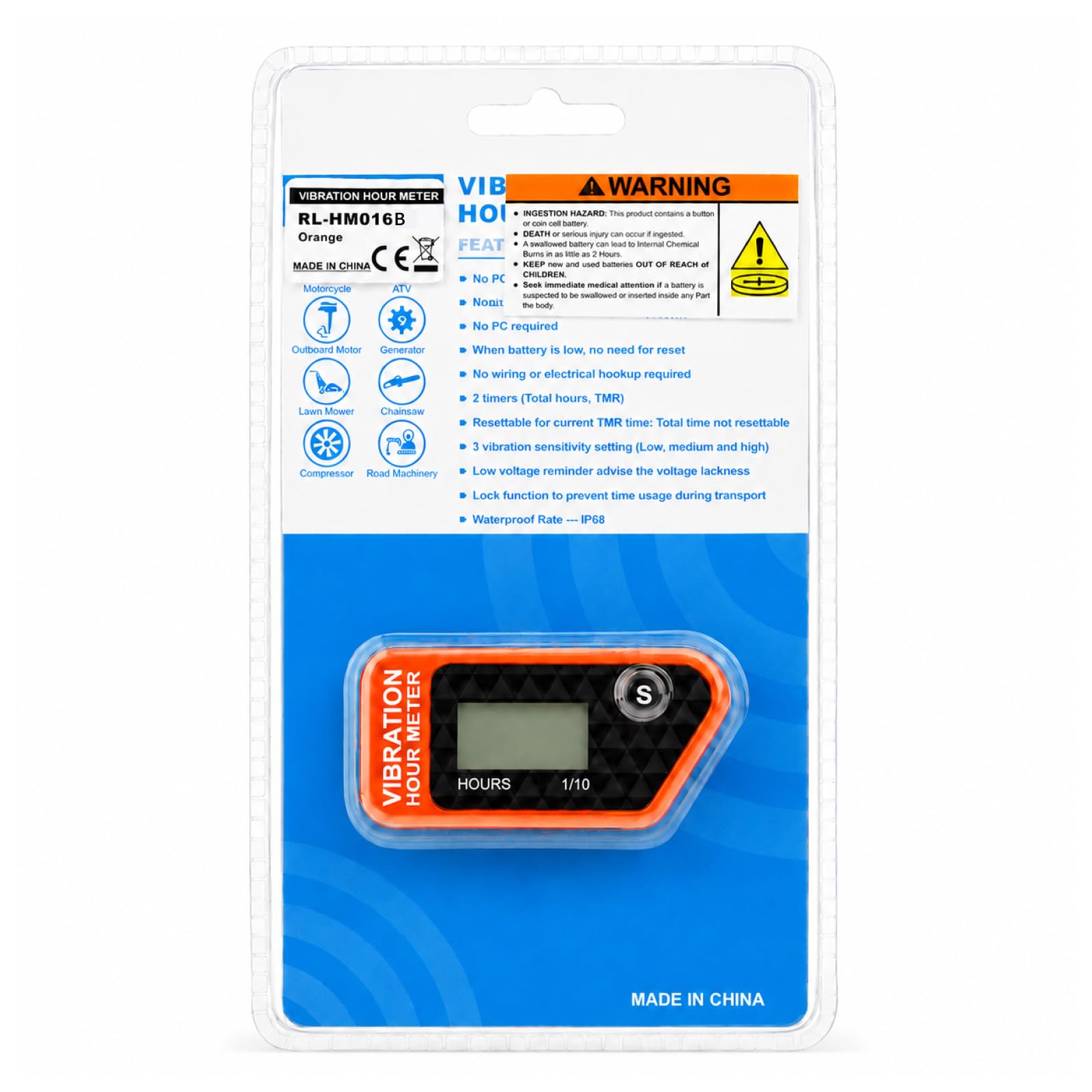 Runleader Compteur d'heures numérique sans fil avec propre alimentation, minuterie de travail réinitialisable activée par les vibrations, verrouillage de l'utilisateur pour le générateur Marine Lawn