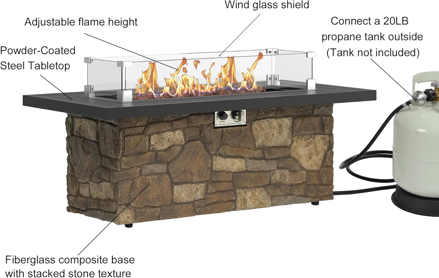 48-Inch Propane Fire Table with Natural Gas Conversion Kit, 50,000 BTU Gas Fire Pit Table, Faux Stack Stone Texture Outdoor Fireplace with Wind Glass Shield, Lava Rocks, Lid & Cover