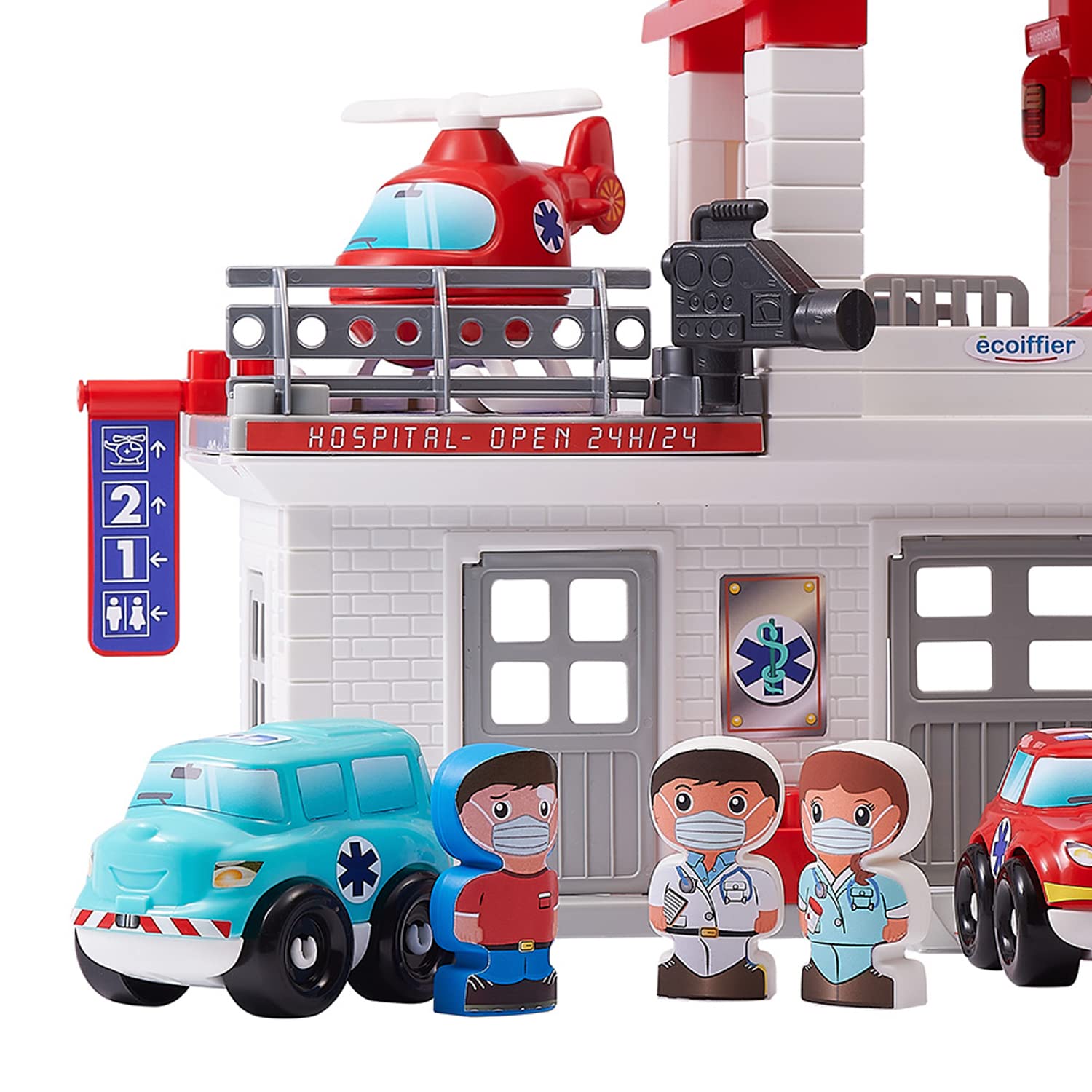 Ecoiffier - Set di 65 mattoncini da Costruzione, con Elicottero, Auto Giocattolo, Medico, Sorella, per Bambini dai 18 Mesi in su