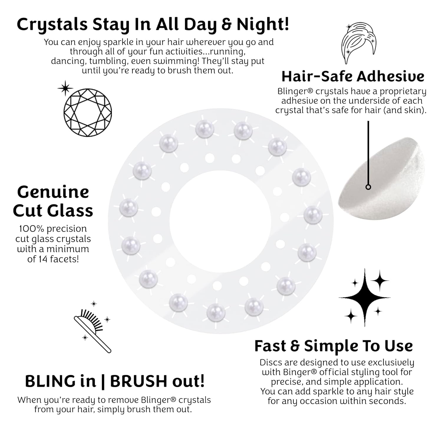 blinger® Shimmer Crystal Refill Pack – as seen on Shark Tank | 5 Discs – 75 Precision-Cut Glass Crystals | Hair-Safe Accessories | Styling Tool not Included | Pure White Pearls 5 mm