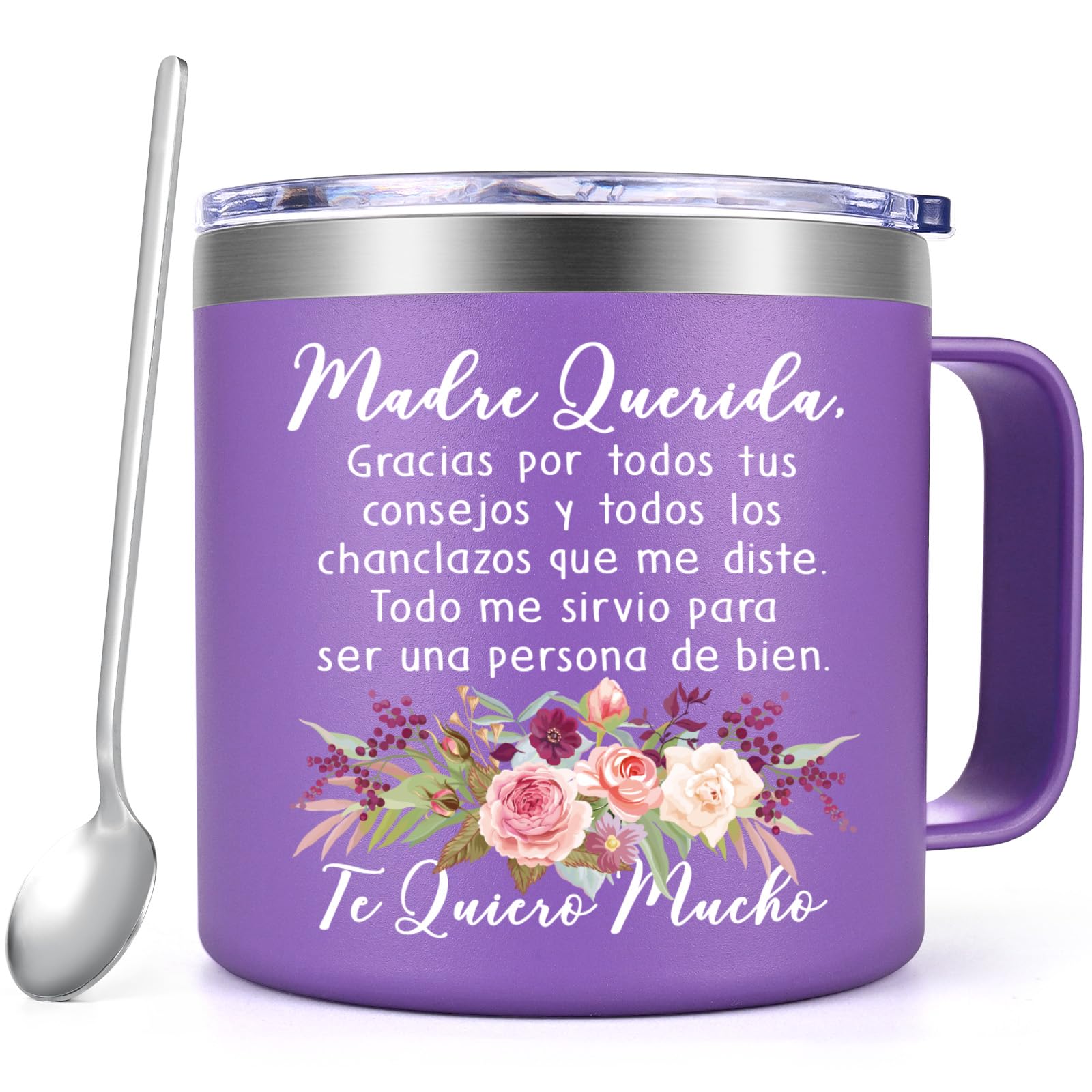 LifecapidoRegalos Para Mama, Regalos Para El Dia De La Madre, Feliz Dia de La Madre, Madre Querida Stainless Steel Coffee Mug in Spanish, Gifts for Mom Mother's Day Birthday Mexican Mom(14oz, Purple)
