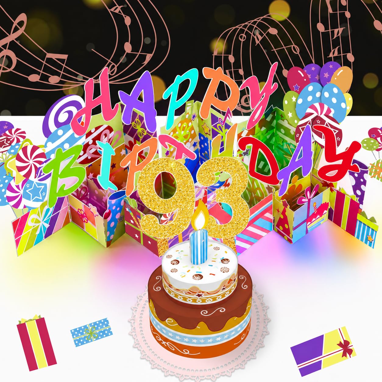 93rd Pop-Up Musical Birthday Card, Blowable LED Candle for Women and Men