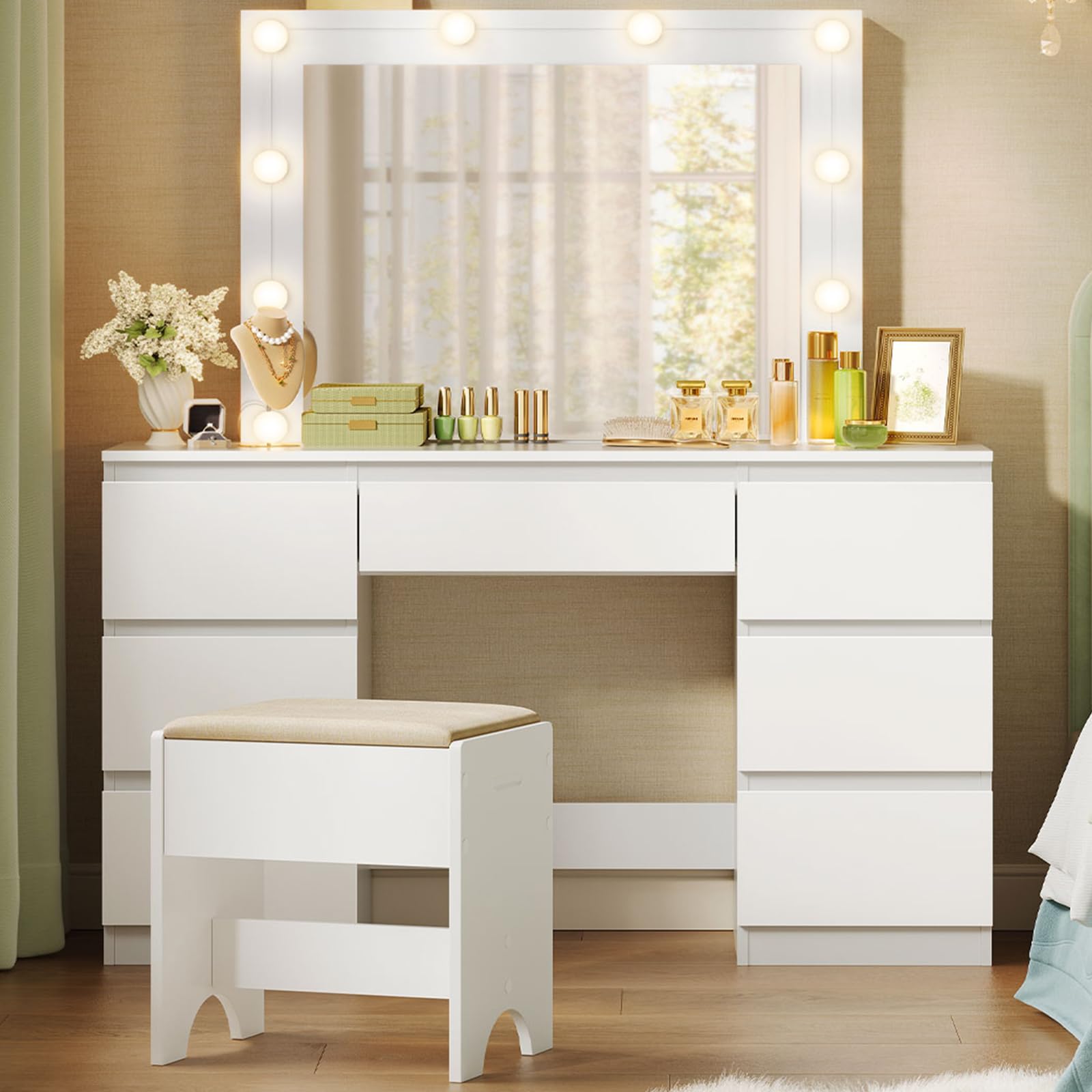 WOLTU Vanity de Maquillaje, Tocador de Maquillaje con Taburete, Tocador con Espejo y Luz LED, Luz Ajustable, con 7 Cajones, para Dormitorio, Sala de Belleza y Vestidor, 107x39,5x140,5 cm, Blanco
