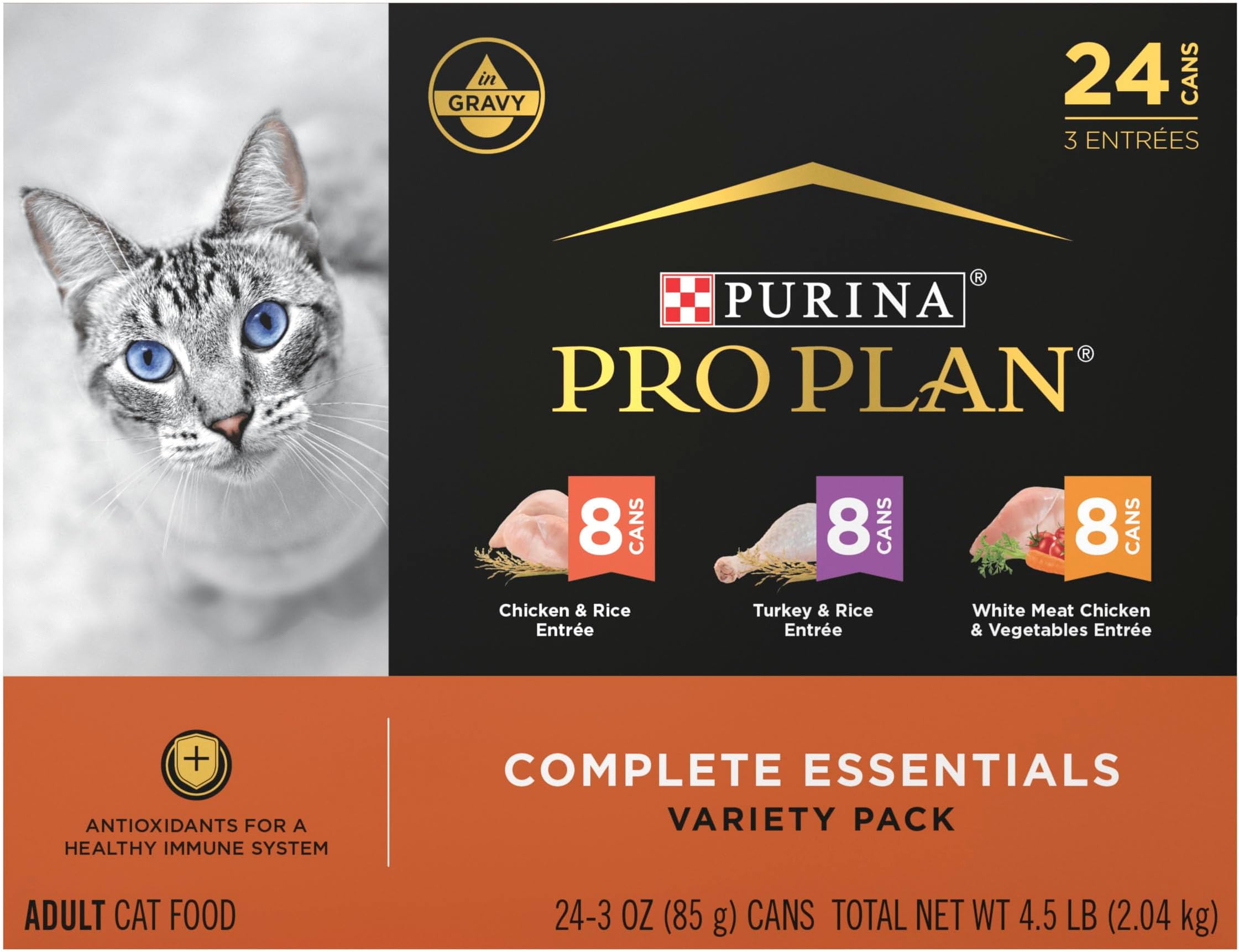 Gravy, High Protein Wet Cat Food Variety Pack, Complete Essentials Chicken and Turkey Favorites - (Pack of 24) 3 oz. Cans