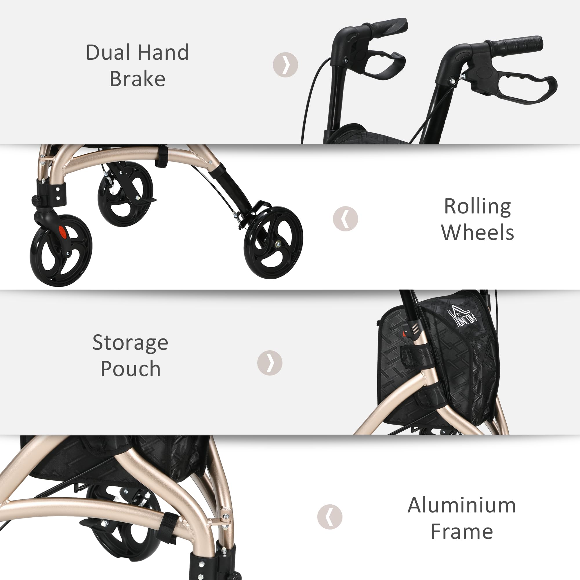 HOMCOM Rollator trójkołowy aluminiowy składany z regulowanym uchwytem i torbą