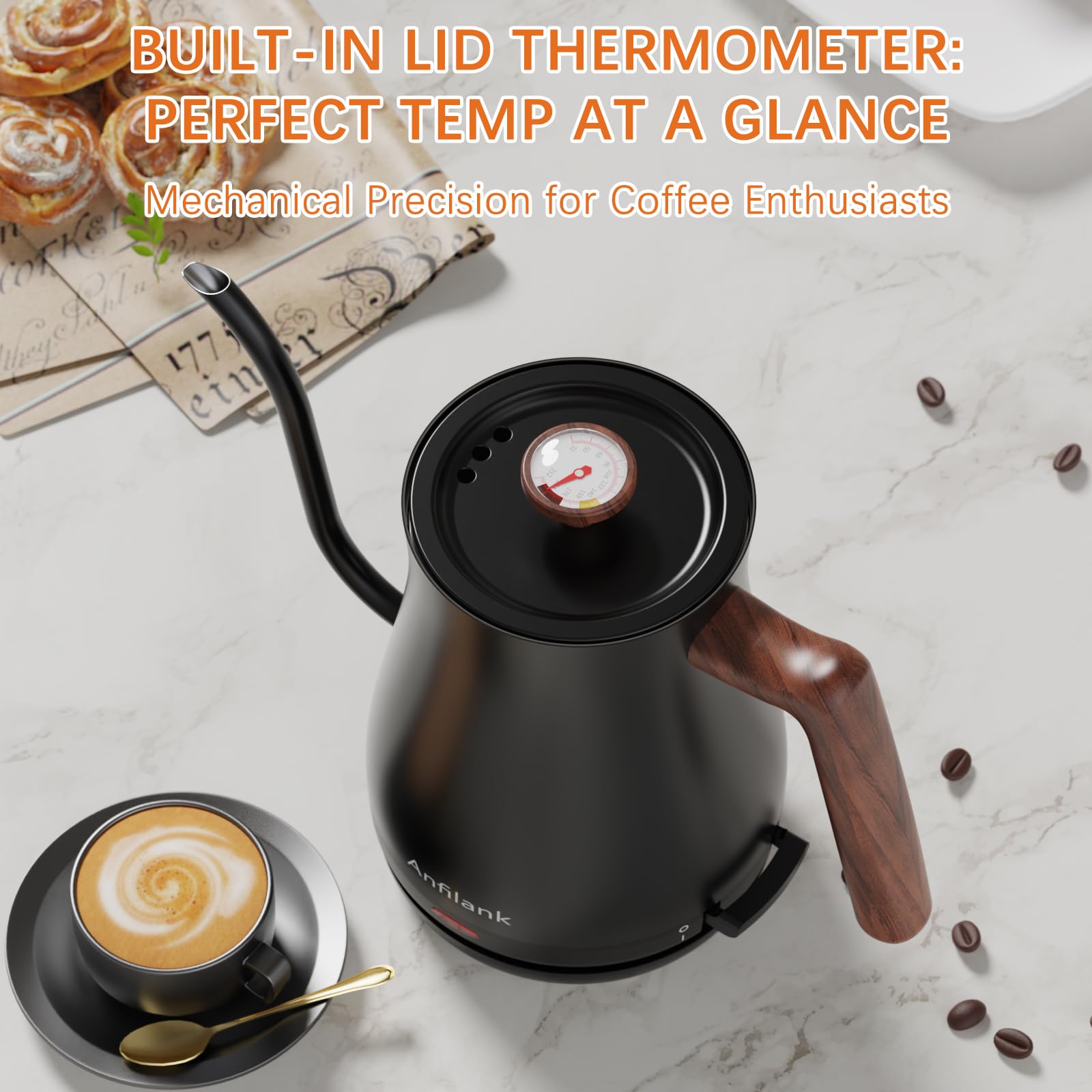 Anfilank - Hervidor eléctrico de cuello de cisne con termómetro, tetera eléctrica pequeña de 0,8 L, calor rápido de 1200 W, vertido de precisión para café y té, apagado automático y protección contra