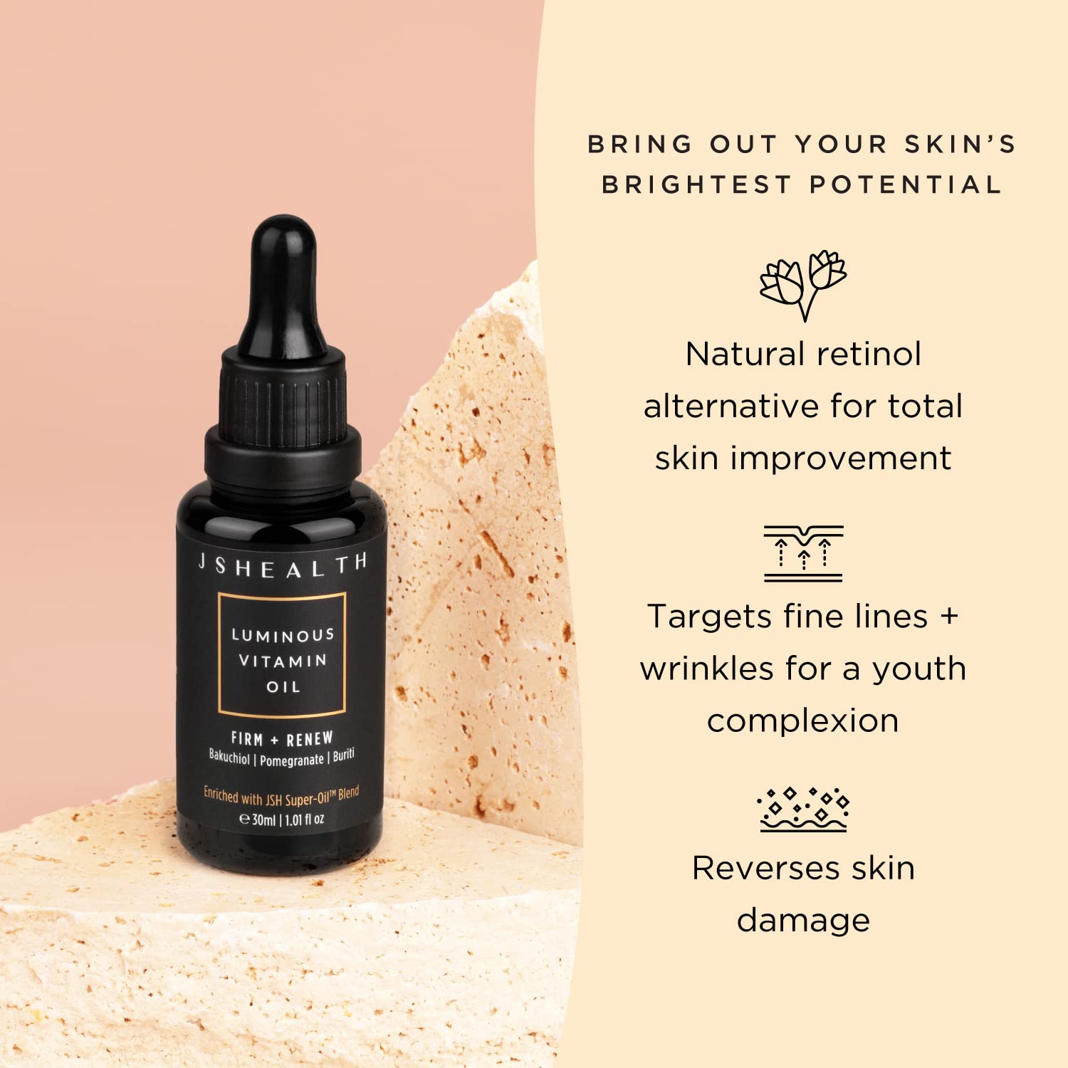 JSHealth Luminous Vitamin Face Oil. Bakuchiol Natural Retinol Alternative with Pomegranate, Buriti. Anti-Aging, Firming. Vegan, Cruelty-Free (1.01 fl oz)