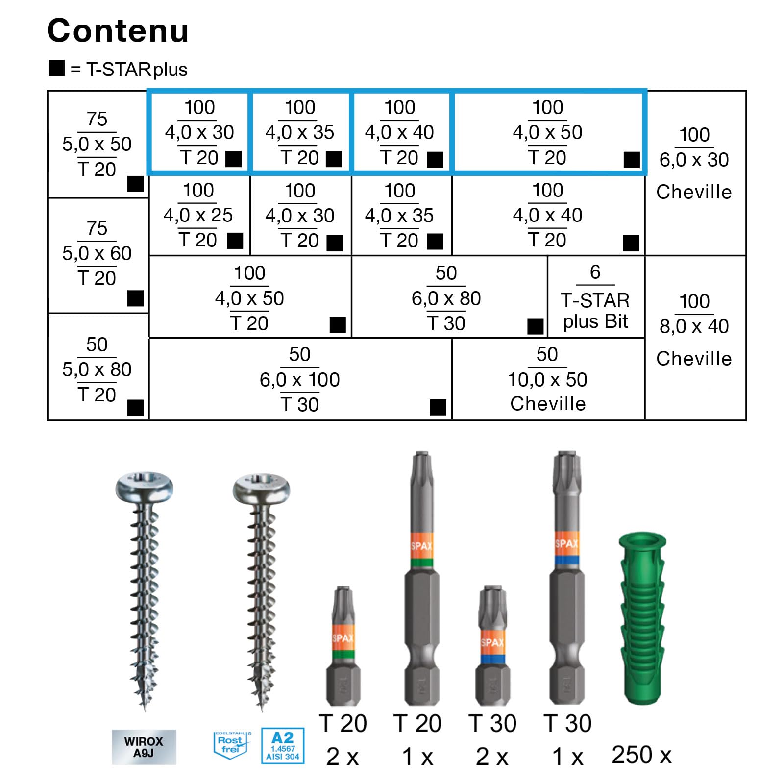 Mallette de montage SPAX pour électriciens L-BOXX grande - 1 200 vis à tête demi-ronde en 14 tailles, WIROX A9J et acier inoxydable A2, 250 chevilles, 6 embouts T-STAR plus et niveau à bulle
