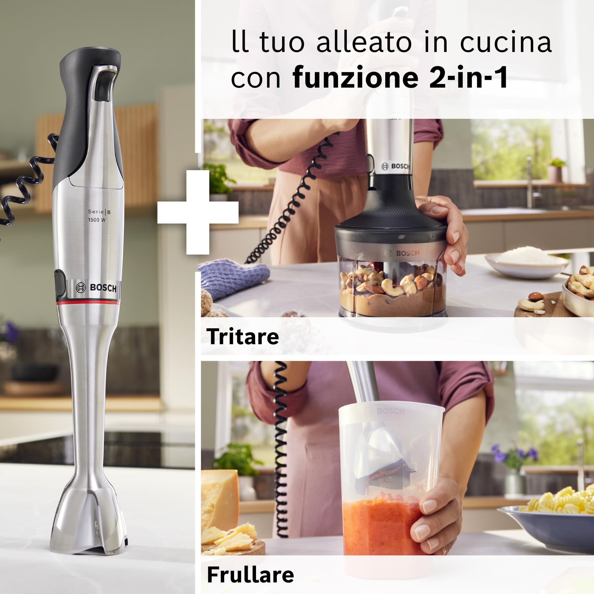Bosch Serie 8 Frullatore a Immersione ErgoMaster MSM8M930, Potente Motore da 1500 Watt, Regolazione Dinamica della Velocità, Coltello a 6 Lame in Acciaio Inox, Accessori Inclusi, Acciaio Inossidabile