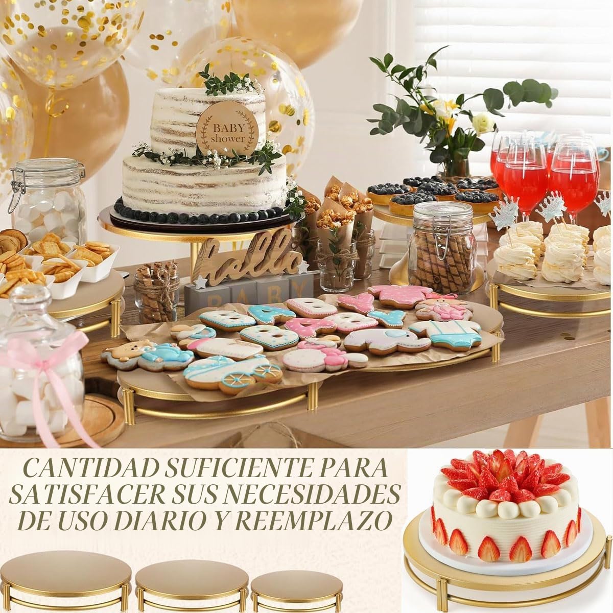 Soporte dorado para tartas, 3 soportes de metal para postres, cupcakes, para fiestas, galletas, postres, bandeja de bandeja para bodas, baby shower, fiesta de té