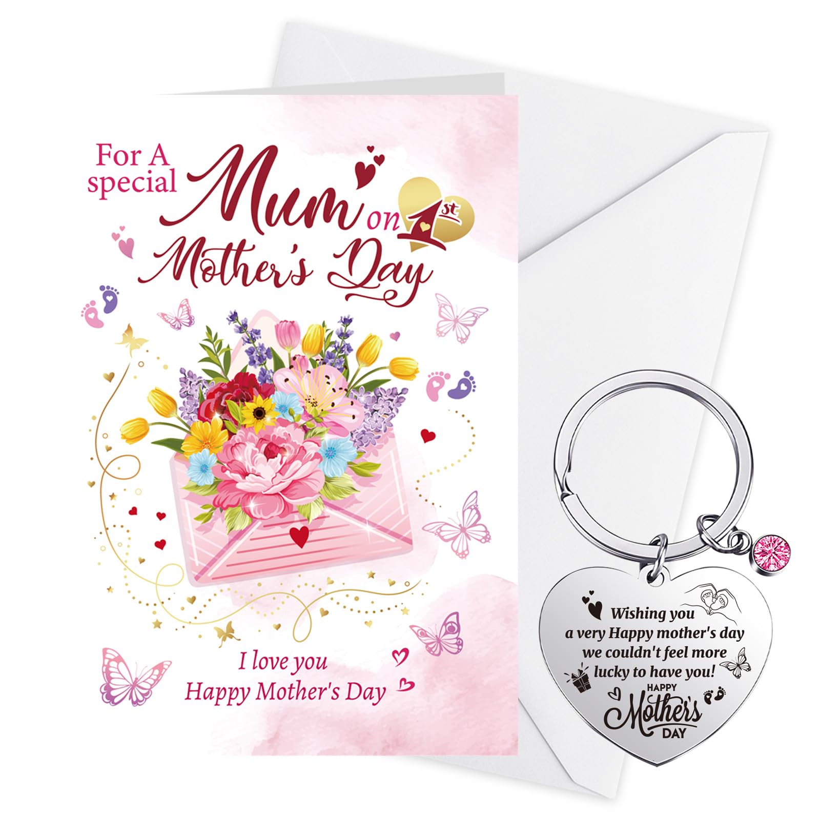 DPKOW Happy First Mothers Day Card for Mum Mummy 1st Mothers Day Card and Keyring
