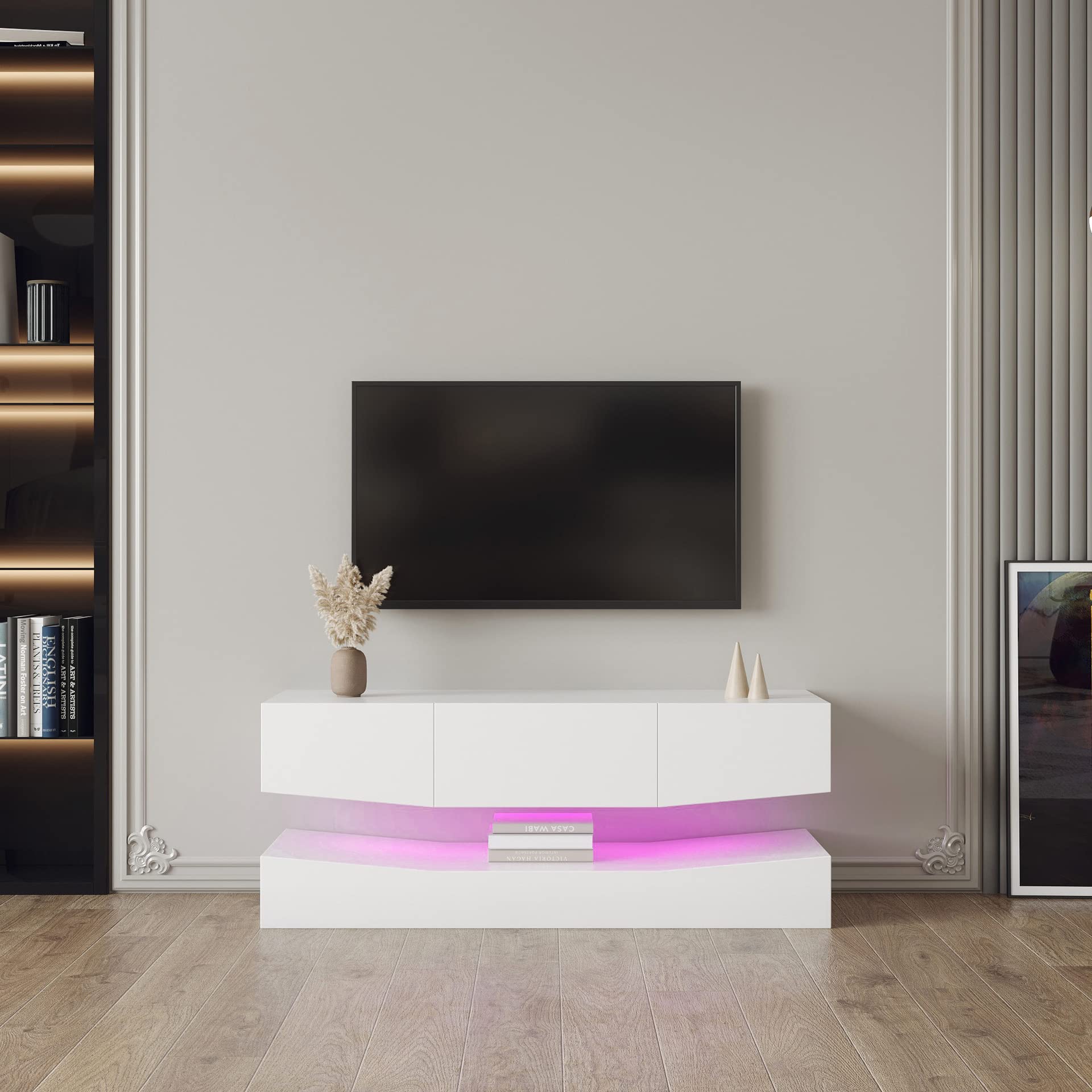 TEESONG Stojak na telewizor do salonu, montowany na ścianie, szafka pod telewizor z szufladami i otwartymi półkami, salon, centrum rozrywki LED, konsola multimedialna
