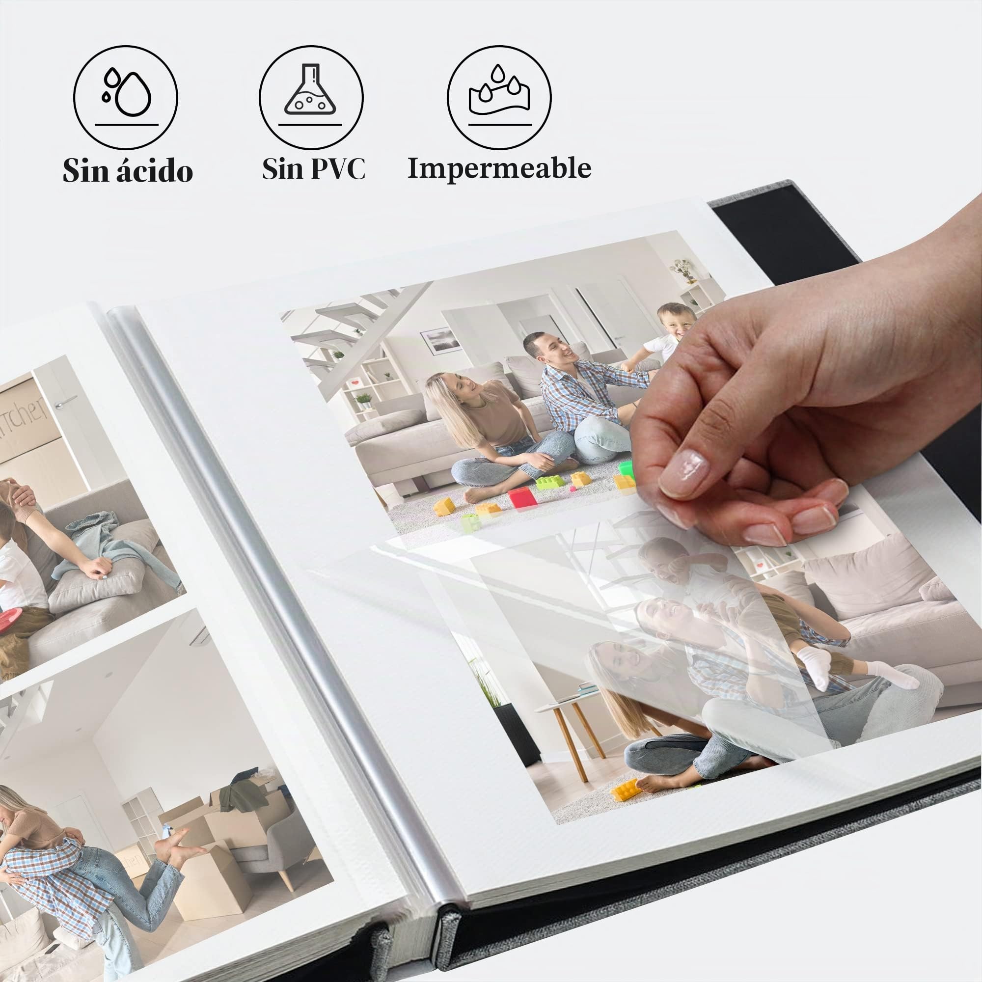 Álbum Fotos Autoadhesivo de Lino 33x32 cm, 60 páginas, Beige | Regalo Boda Aniversario Familiares con Bolígrafo Metálico