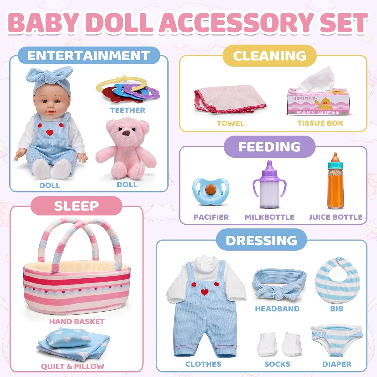 Uzoxlsn 12’’ Baby Doll with Cotton Carrier Bassinet, 15 Pcs Baby Doll Accessories Bedding, Feeding and Caring Set Magic Bottle Pacifier Diaper Blanket Pretend Play Game Gift for Girls Age 3+ Toddler