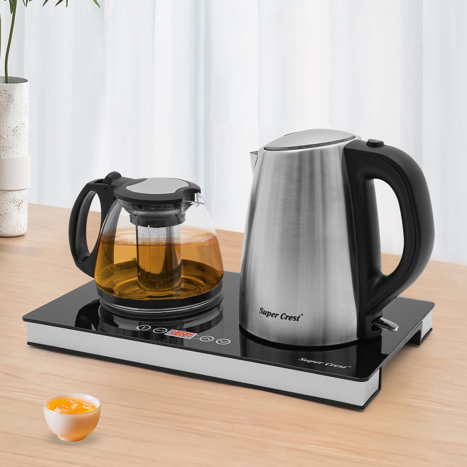 Hervidor eléctrico, 1800 W, hervidor de agua de acero inoxidable, hervidor de agua de doble quemador, 158-176 ℉, temperatura ajustable con pantalla LCD, filtro de cristal, hervidor de agua para café y