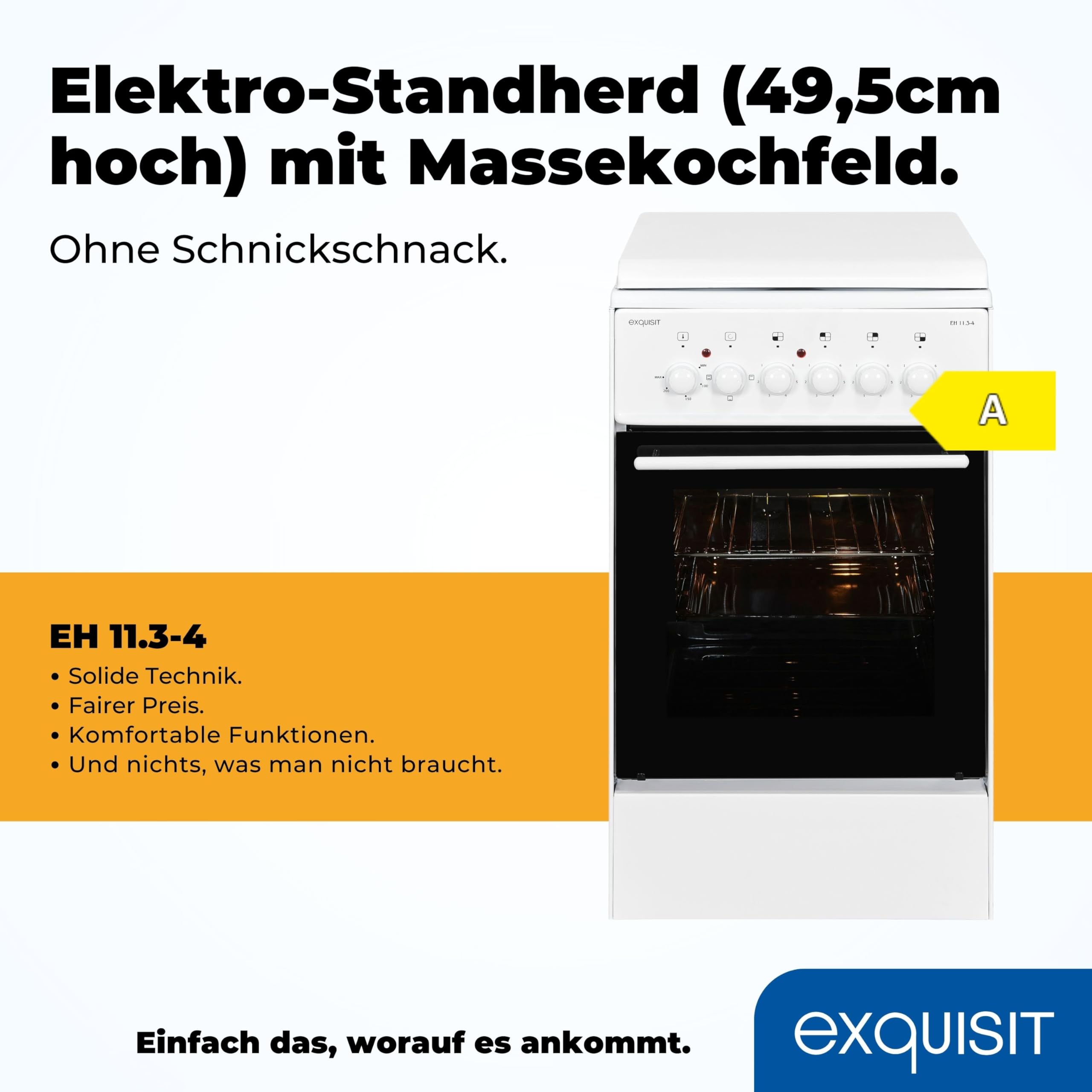 Exquisit Standherd EH 11.3-4 50 cm Elektro-Standherd Masse-Kochfeld 50 L Garraum Weiß