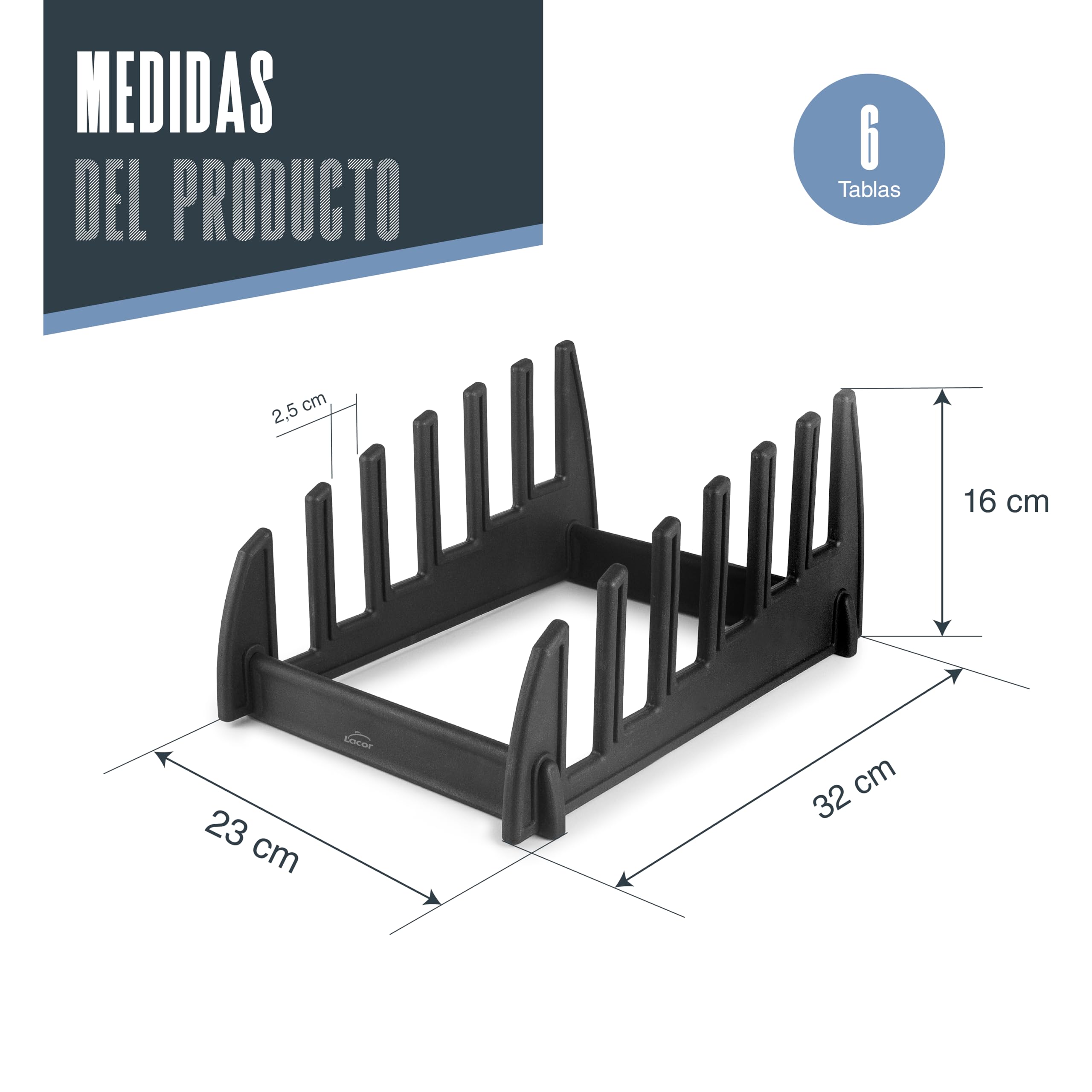 LACOR - 60565 - Soporte para tablas, Fabricado en polipropileno (PP), Para 6 tablas de corte, 23 x 32 x 16 cm, Multifuncional, Negro