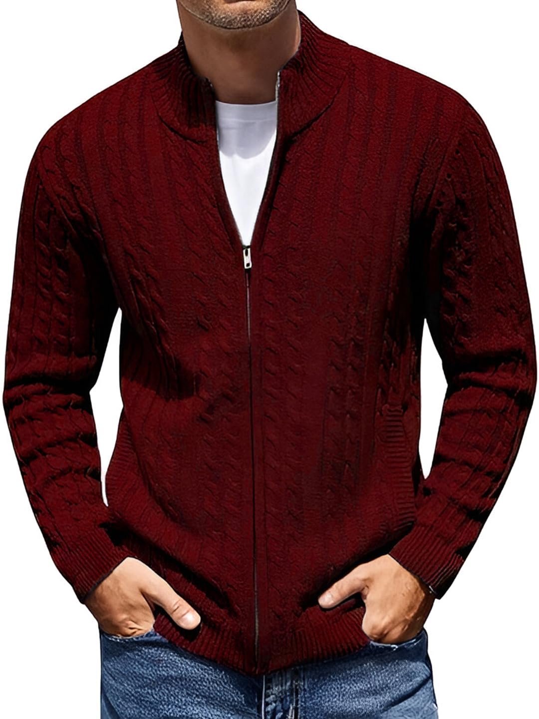 tysort Men's Cotton Full Sleeve High Neck Full Zipper Sweater for Men, Cable Knitted Cardigan for Men-picture-16