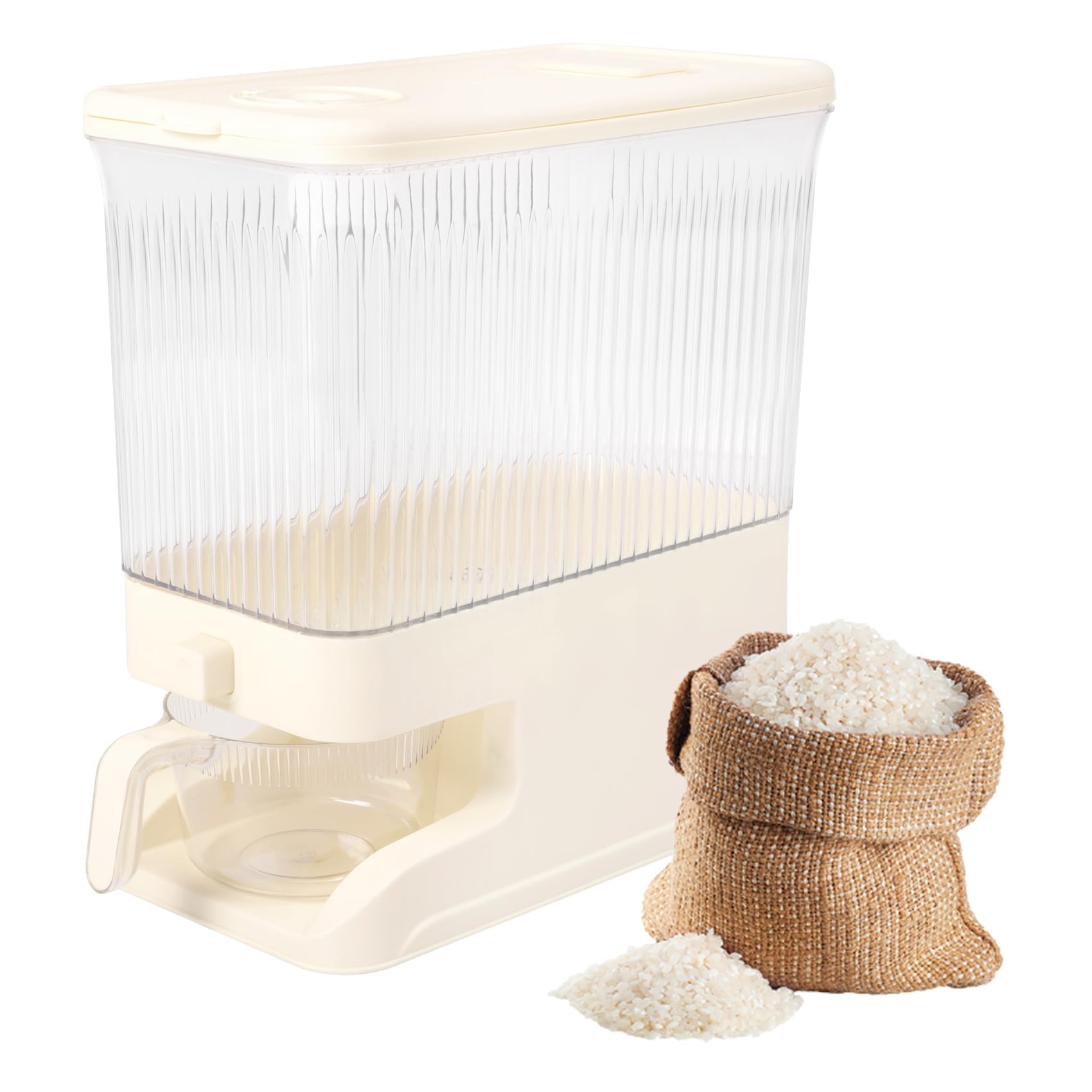 Nizeami Clear + Beige Rice Dispenser 10Kg Rice Container With Measuring Cup Rice Storage Container For Kitchen Pantry Countertop Organization