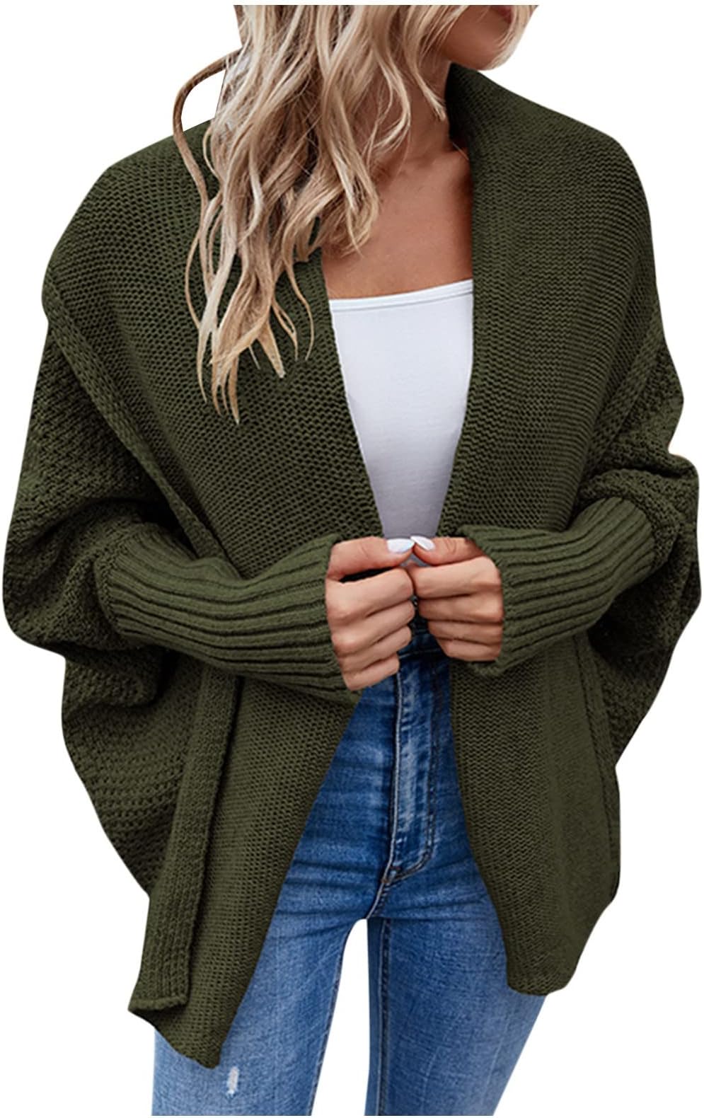 Women's Stylish Solid Color Oversized Knit Sweater Cardigan Bat Sleeve Warm Sweater Cardigan Embroidery Baggy Cardigan Sweater Open Front Thermal Tops for Women