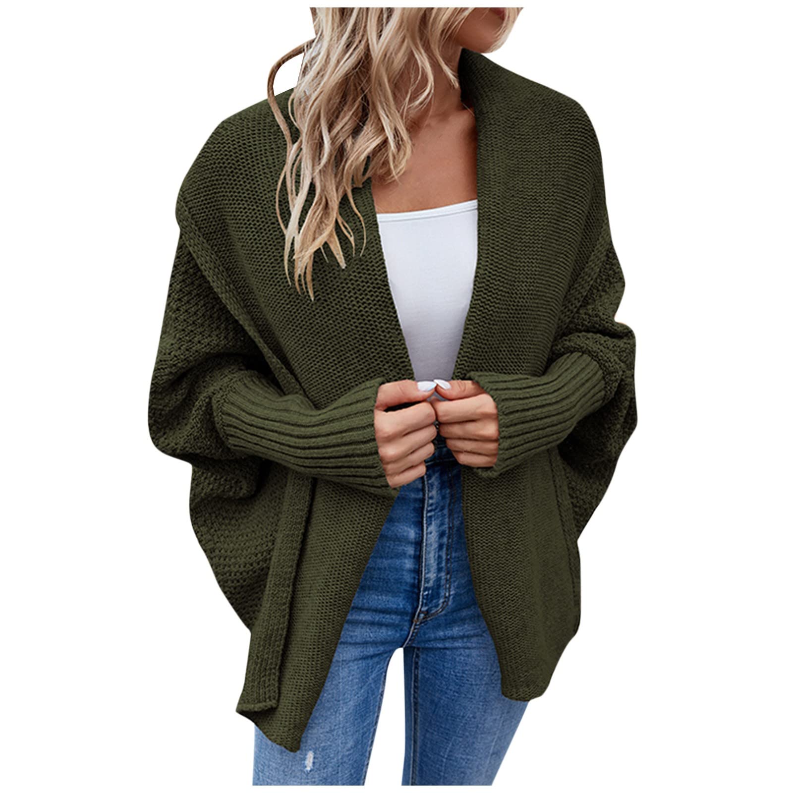 Women's Stylish Solid Color Oversized Knit Sweater Cardigan Bat Sleeve Warm Sweater Cardigan Embroidery Baggy Cardigan Sweater Open Front Thermal Tops for Women