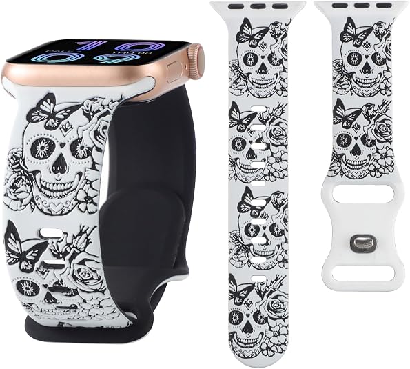 Skull Engraved Band Compatible with Apple Watch 38mm 40mm 41mm 42mm 44mm 45mm 46mm 49mm, Cute Two-Tone Skull Flower Soft Silicone Sport Strap for iWatch Series 11 10 9 8 7 6 5 4 3 2 1 SE