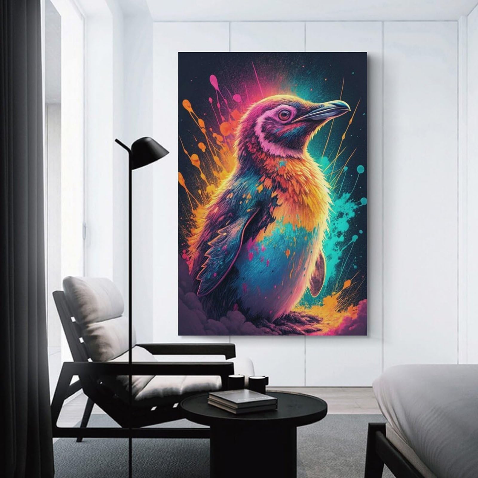 Junmoney Canvas Wall Decor Vibrant Penguin with Colorful Splashes, 24x36inch(60x90cm), for Bedroom Decor, Cosy Corners Or Studios, Decorative Wall Art for Cosy Rooms