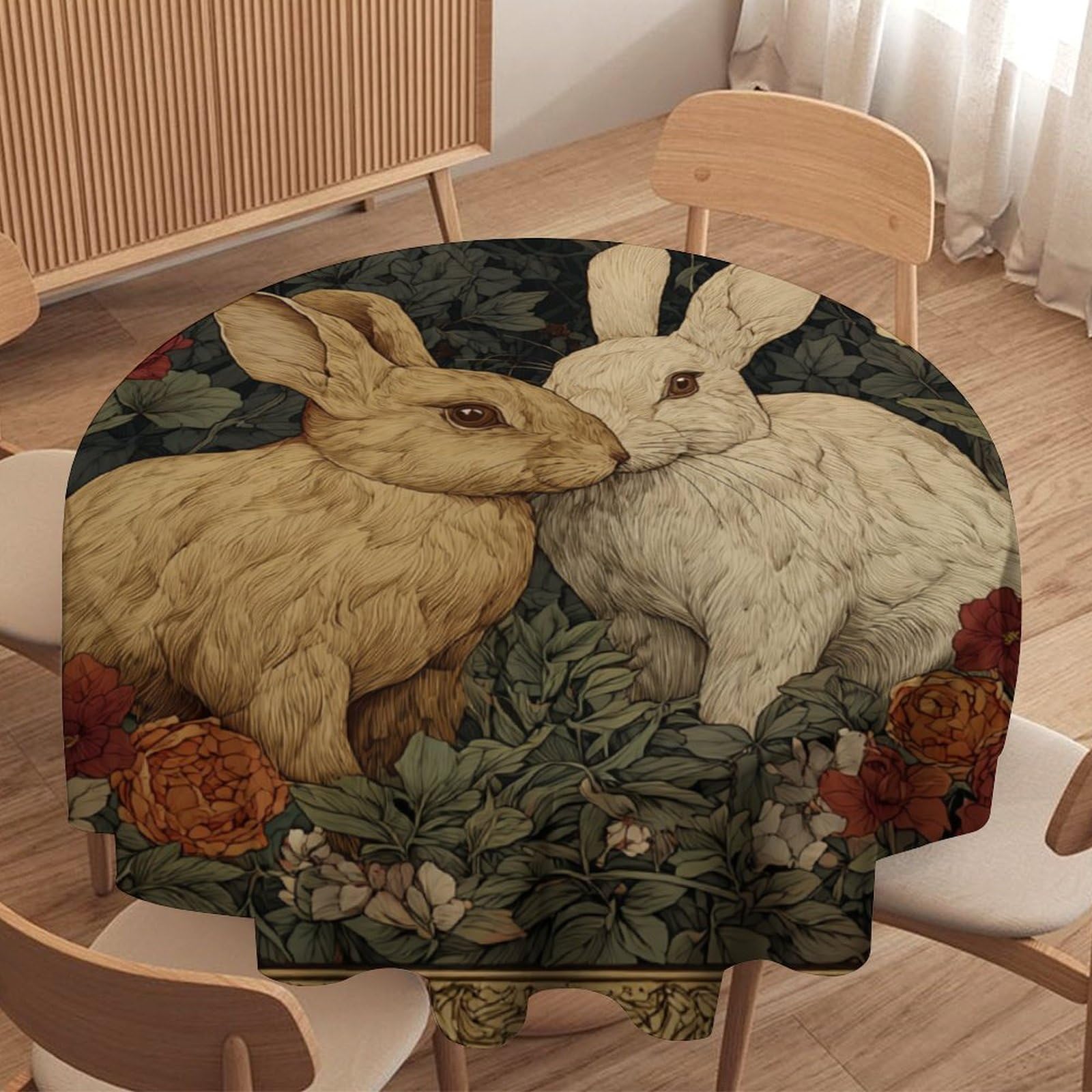LUYYSKY Retro Classic Boho Bunnies Waterproof Round Tablecloth Vintage Beautiful William Morris Plants Floral Animals Rabbits Pattern Washable Table Cover for Kitchen-127 Wx127 L cm