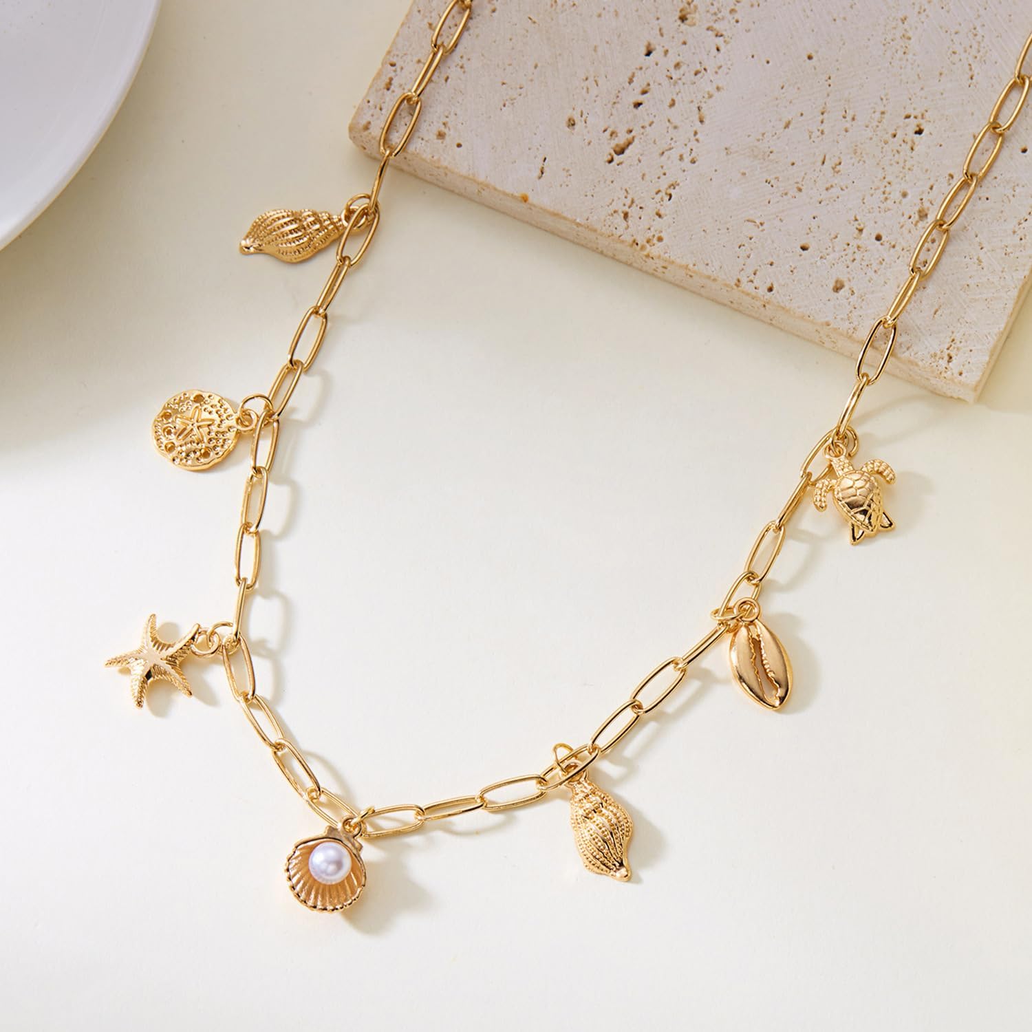 Gold Sea Shell Necklace for Women Pearl Choker Necklace Dainty Star Flower Shell Boho Summer Seashell Beach Starfish Necklaces Beach Vacation Essentials - Image 5